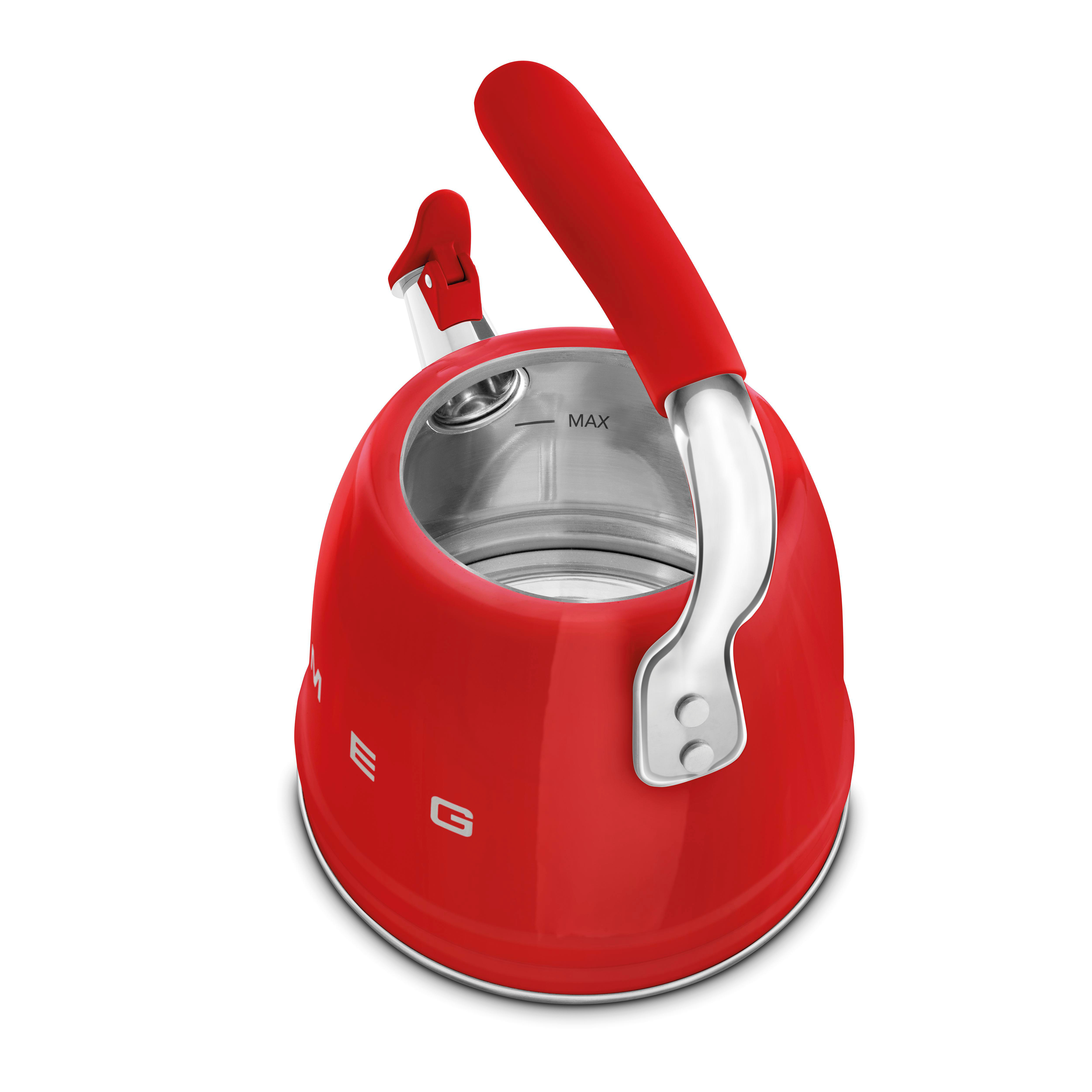 Roter SMEG-Wasserkocher, schräge Ansicht, weißer Hintergrund. Chromakzente.