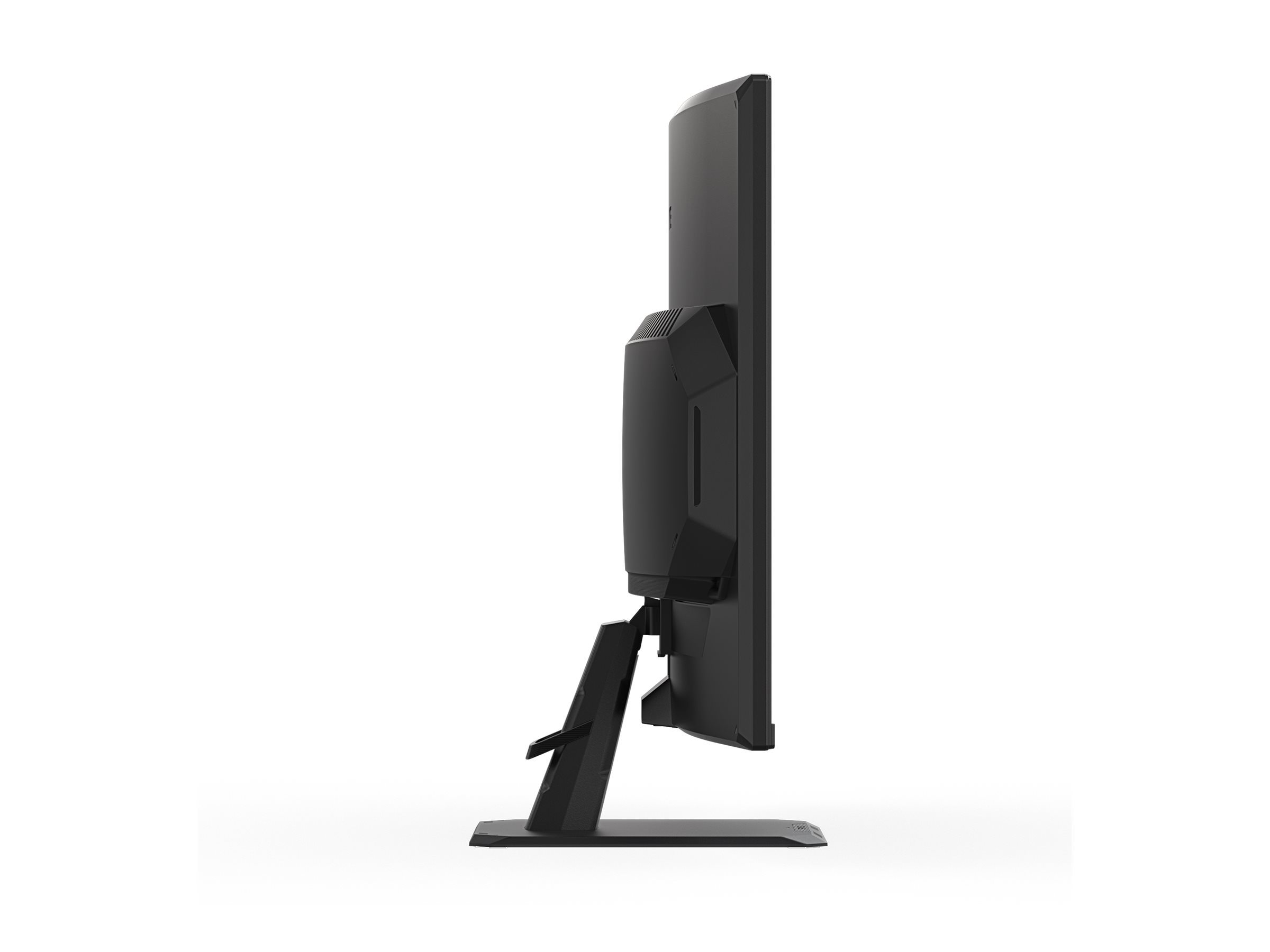 Seitenansicht eines schwarzen Computermonitors. Der Monitor ist auf einem Ständer montiert. Der Hintergrund ist weiß.