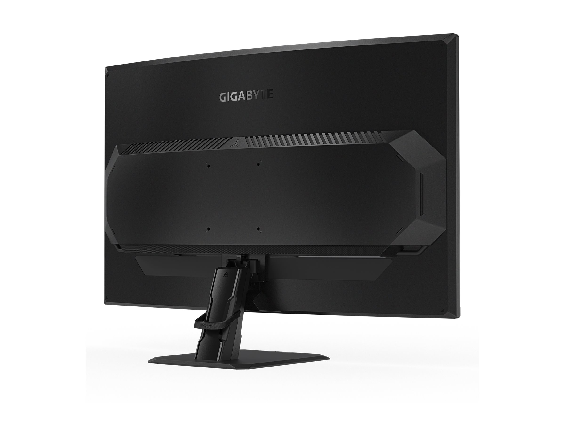 Schwarze Monitorrückseite. Gigabyte-Logo oben. Ständer und Lüfter sichtbar.