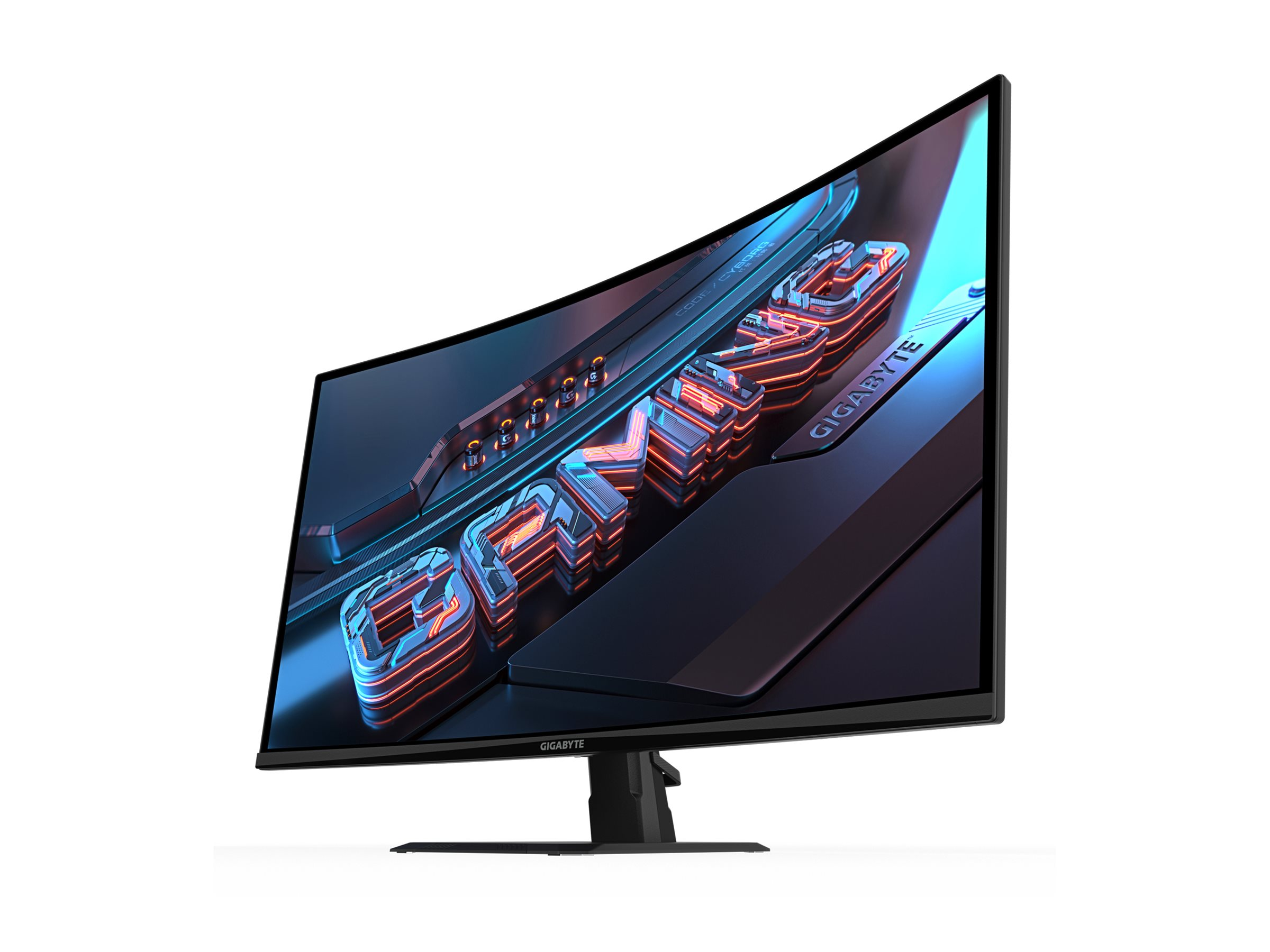 Ein gekrümmter Gigabyte Gaming-Monitor mit schwarzem Ständer, der Gaming-Grafiken anzeigt.