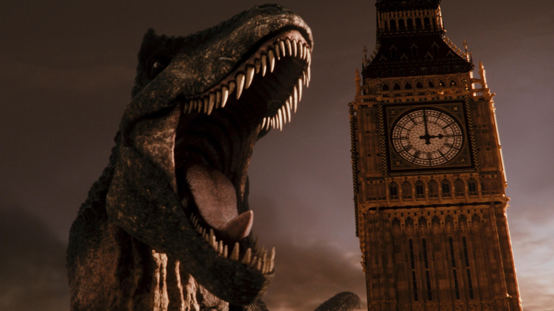 Ein Dinosaurier brüllt, offener Mund zeigt Zähne. Big Ben-Uhrturm im Hintergrund. Der Himmel ist dunkel.