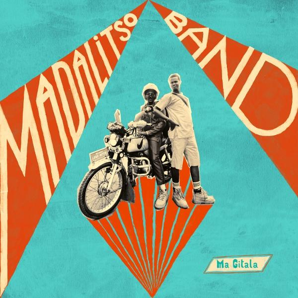 Zwei Männer, einer auf einem Motorrad, der andere stehend, mit Text 'MADALITSO BAND' auf blauem Hintergrund.