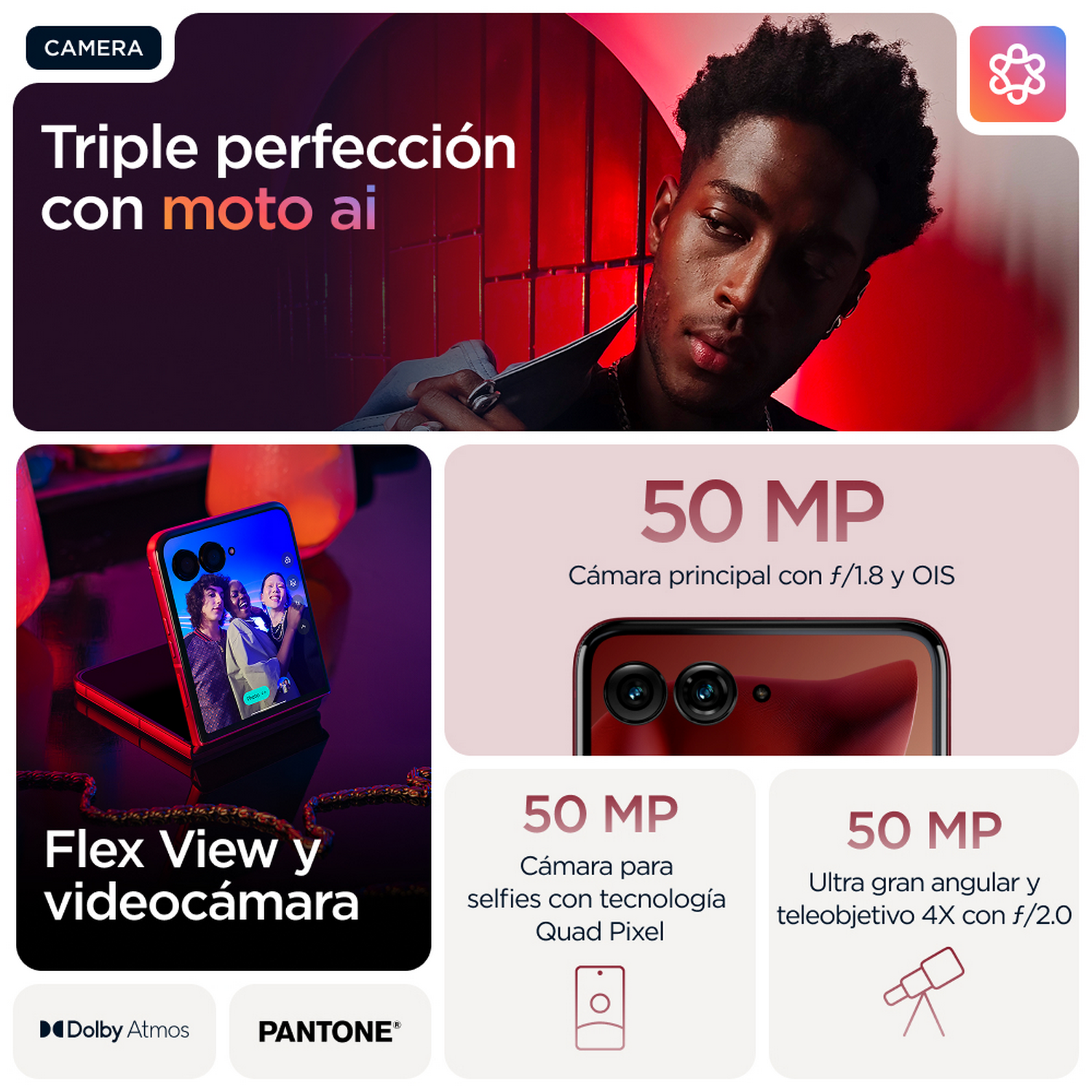 Pantalla de teléfono inteligente, características como 'Triple perfección', 'Flex View' y 'Cámara de 50MP'.