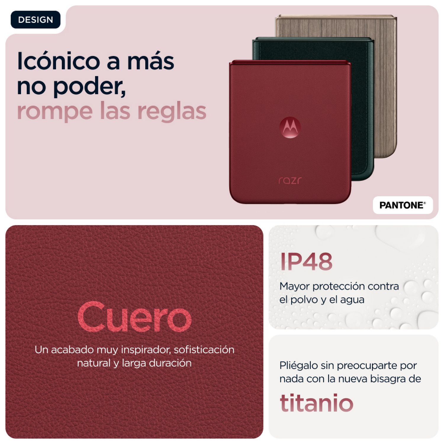 Teléfono Motorola Razr con funda de cuero, detalle.