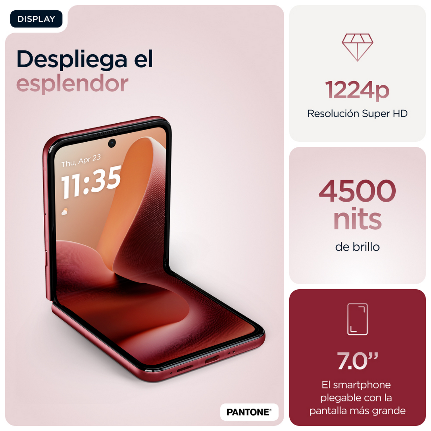 Smartphone plegable, rojo. La pantalla muestra la hora y características: 1224p, 4500 nits, pantalla 7.0".