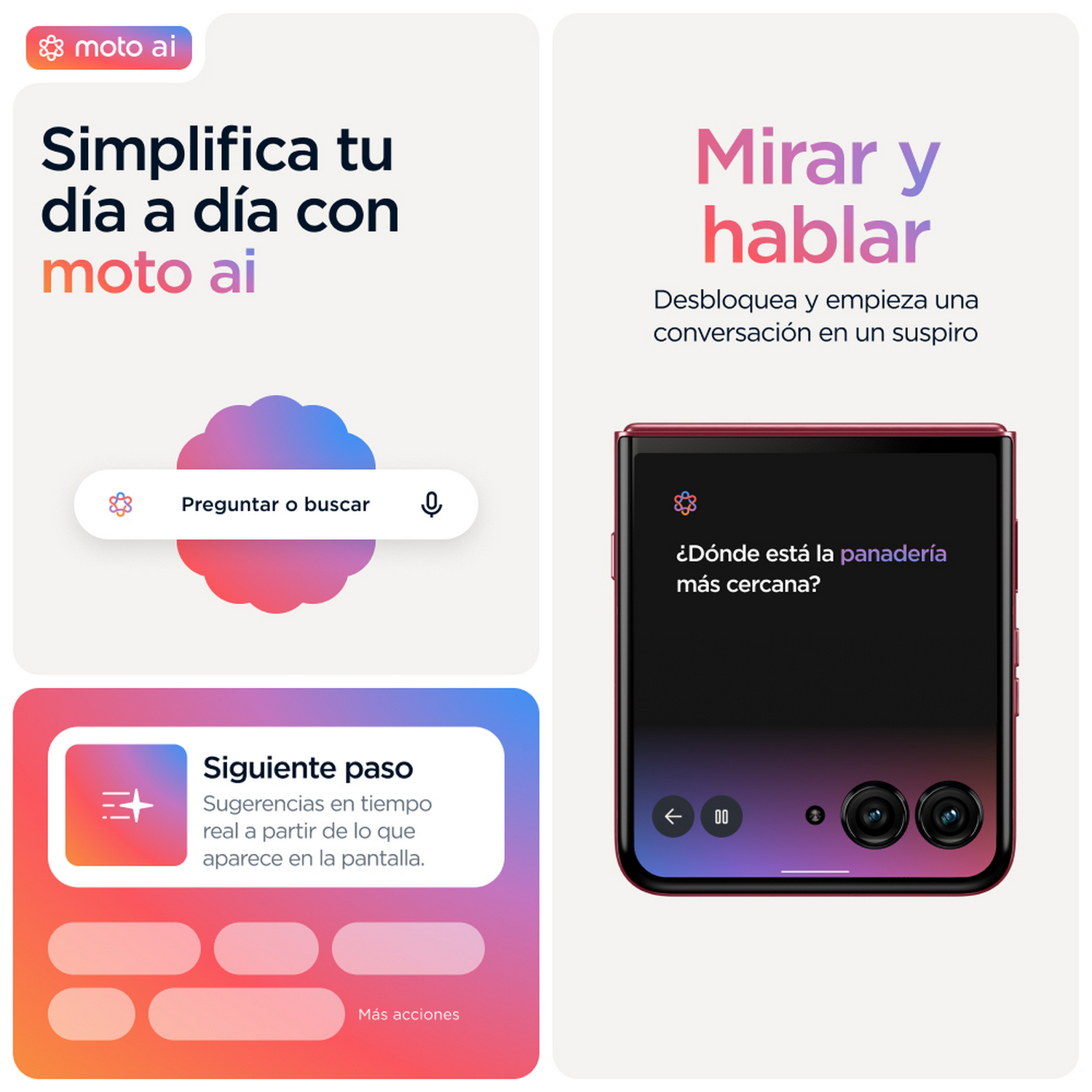 Un gráfico promocional en español para 'moto ai'. El gráfico incluye capturas de pantalla de la aplicación y texto.