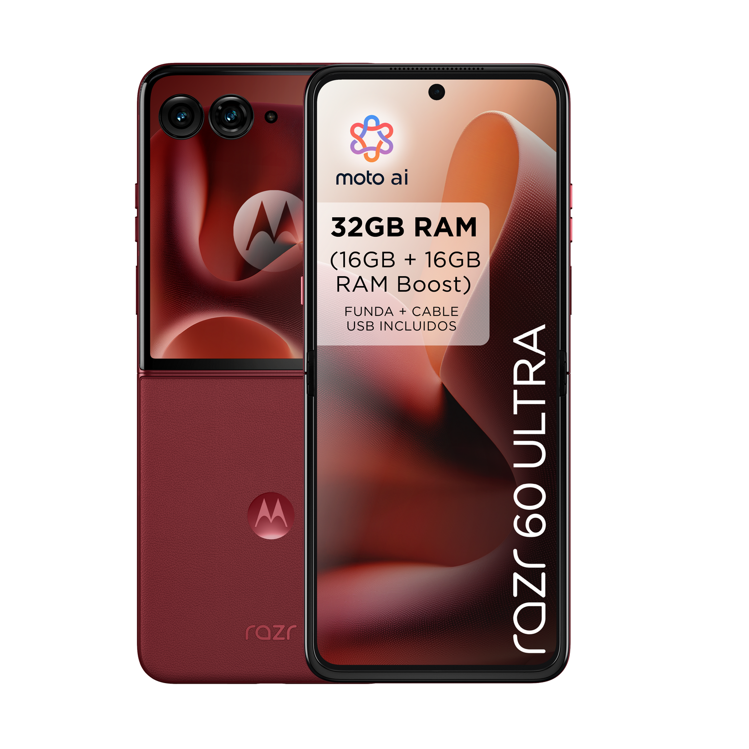 Un teléfono Motorola Razr 60 Ultra rojo, abierto, con pantalla y cámara.