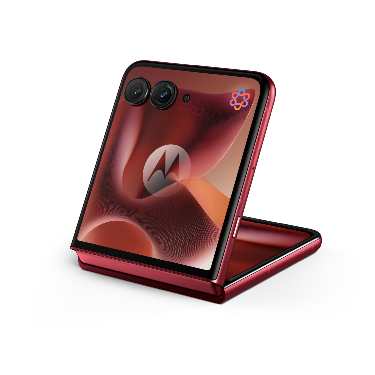 Un teléfono rojo plegable está en ángulo. Muestra una pantalla, tiene una cámara y está abierto. El fondo es blanco.