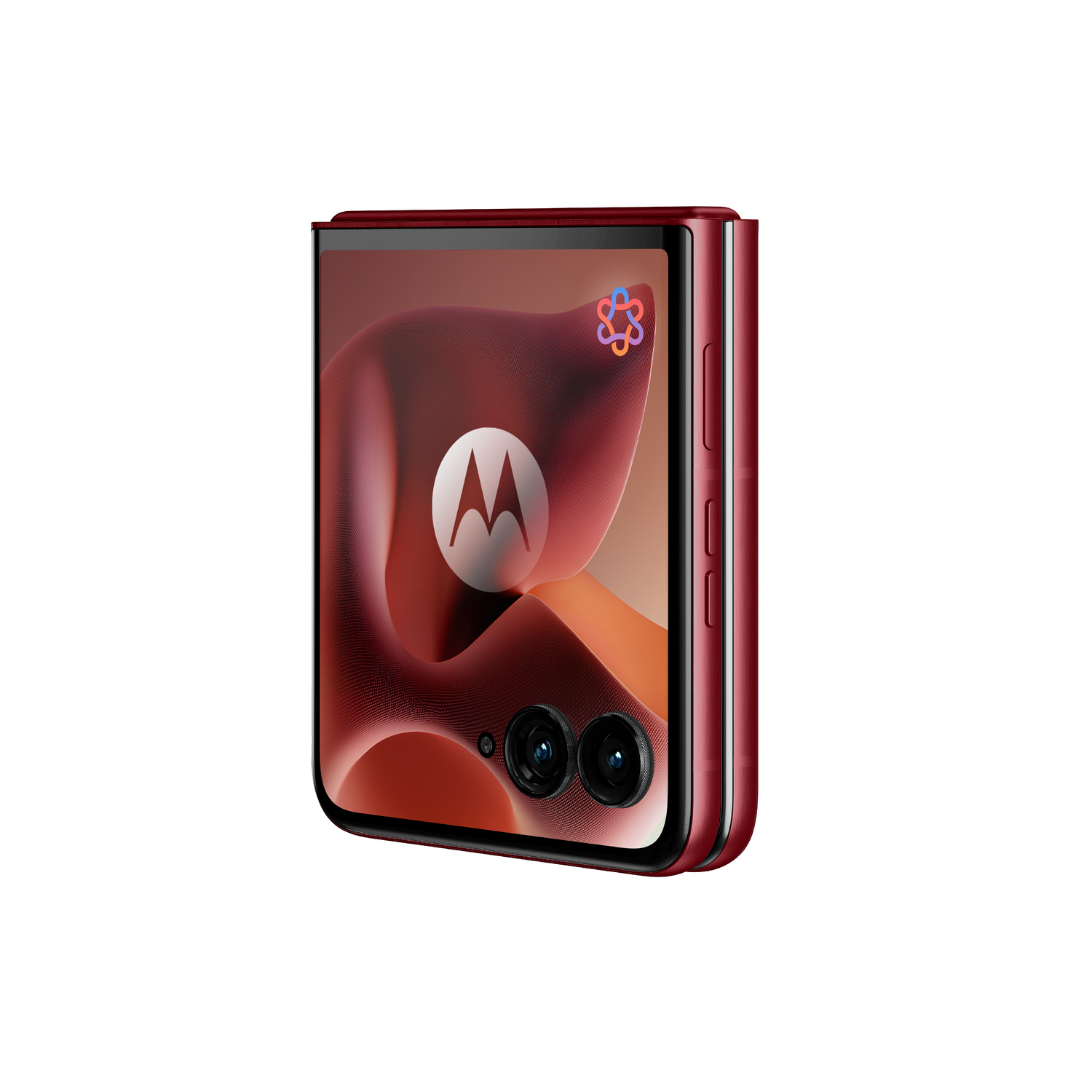 Un smartphone plegado de color granate con dos cámaras en la cubierta. Está sobre un fondo blanco.