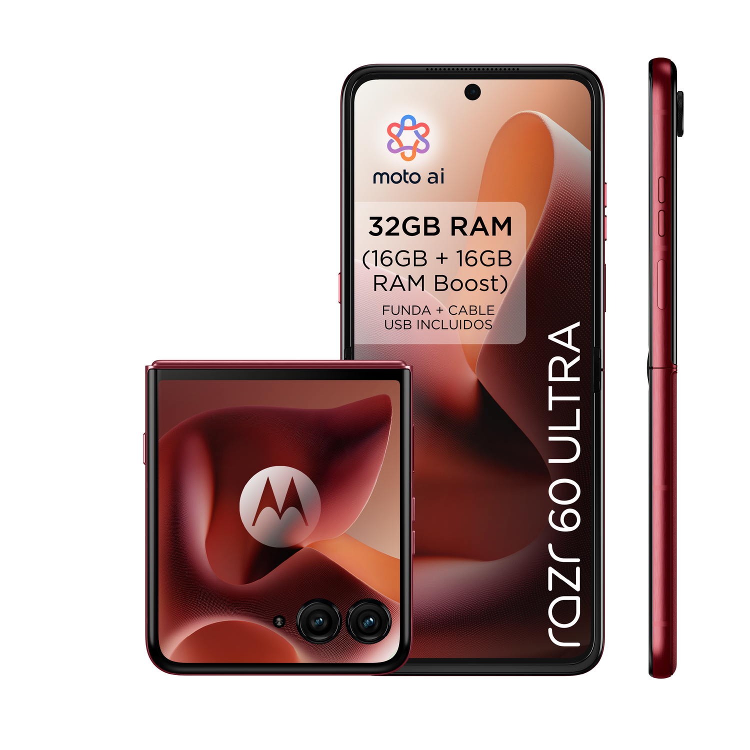 Un teléfono Motorola rojo plegable con una pantalla más grande al lado, ambos mostrando el logo.