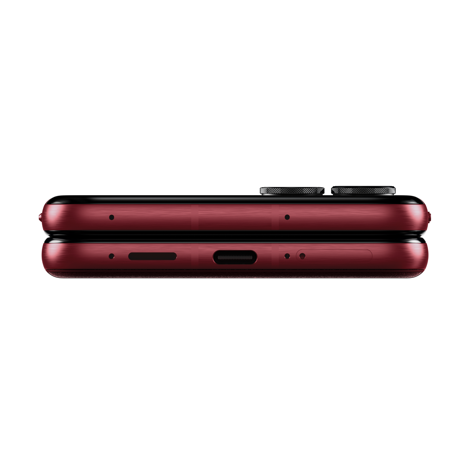 Teléfono plegable rojo, vista superior, mostrando los bordes inferior y superior.