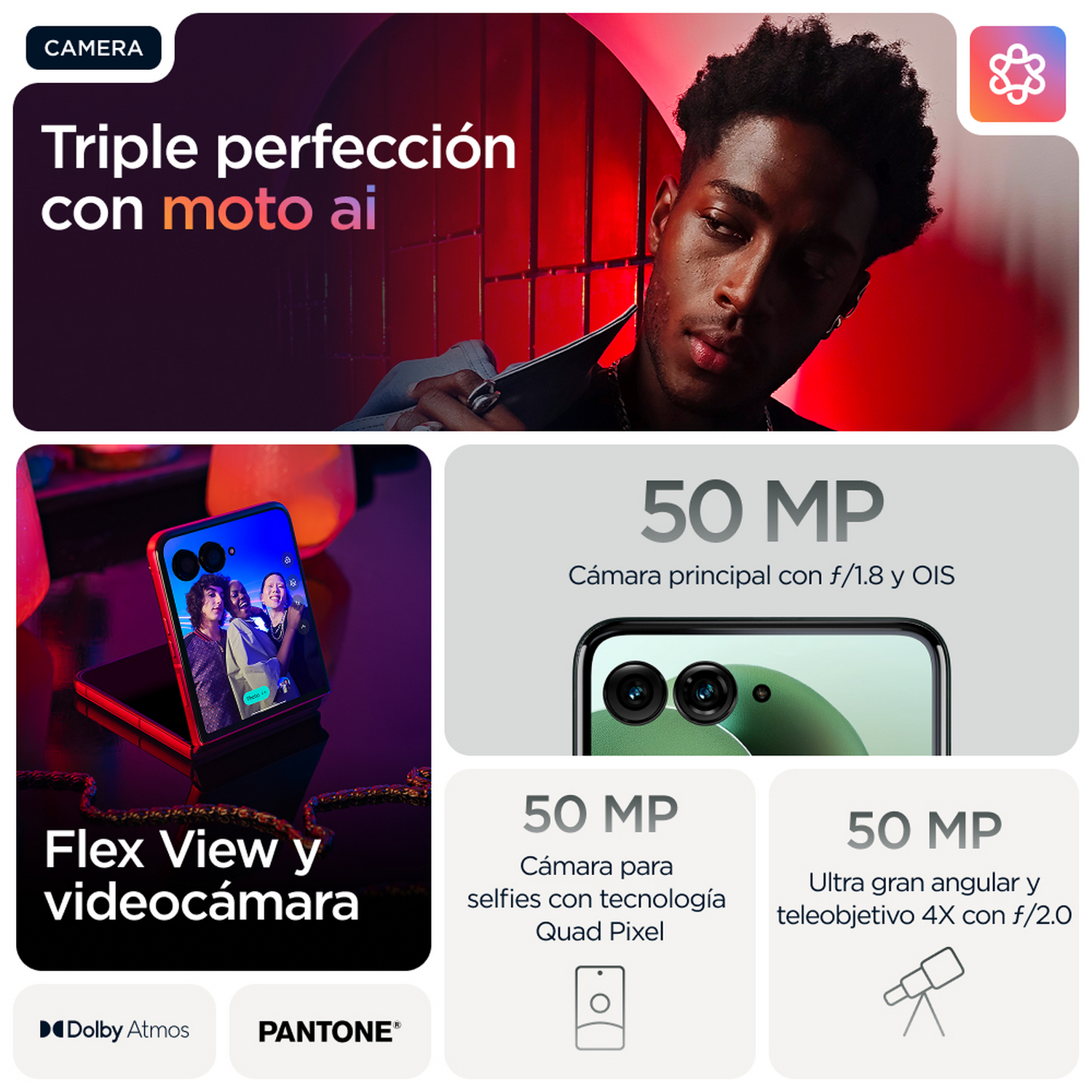 Imagen que muestra un teléfono con su cámara, destacando características como Flex View y moto ai.