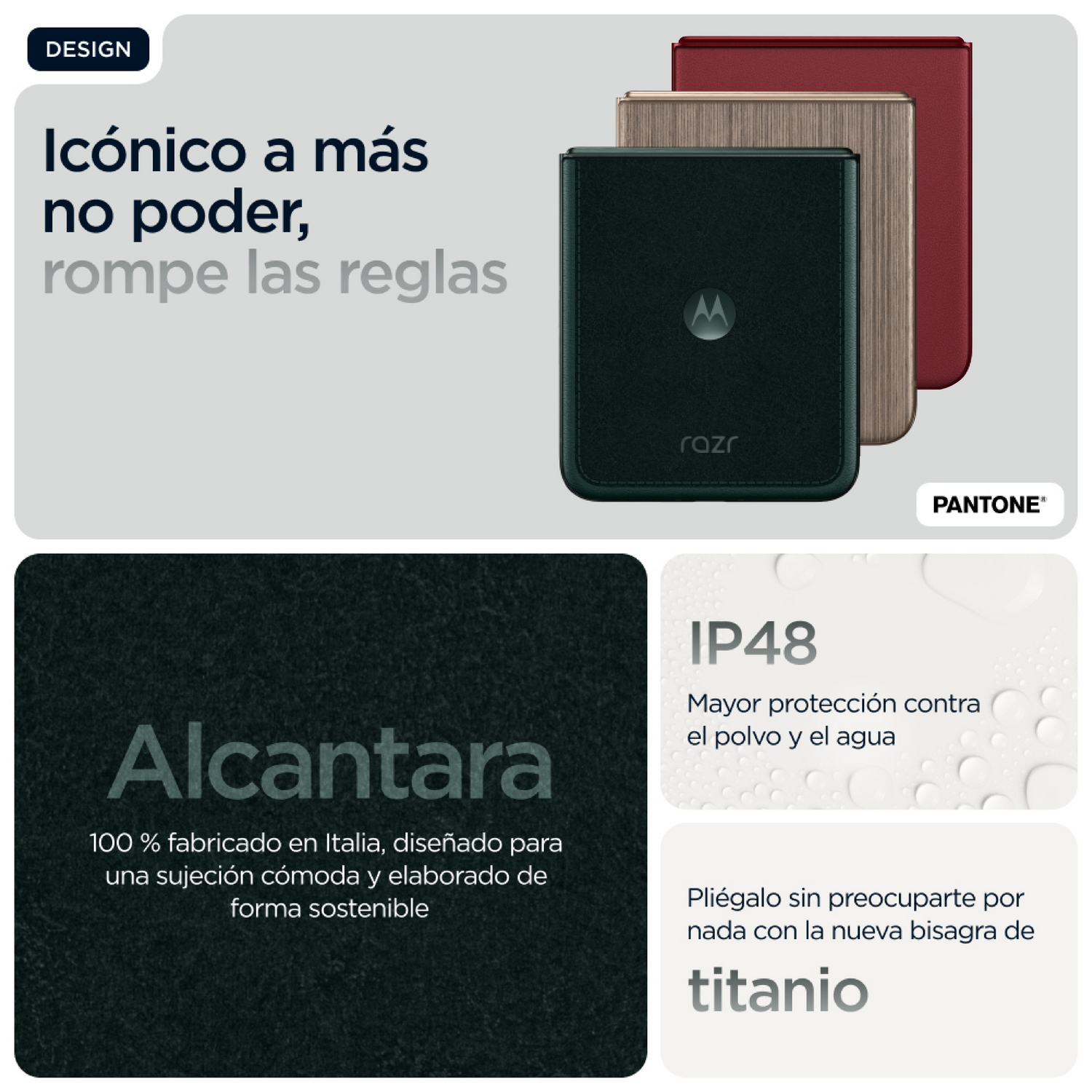 Tres fundas para teléfono en negro, marrón y rojo, con texto y logotipos.