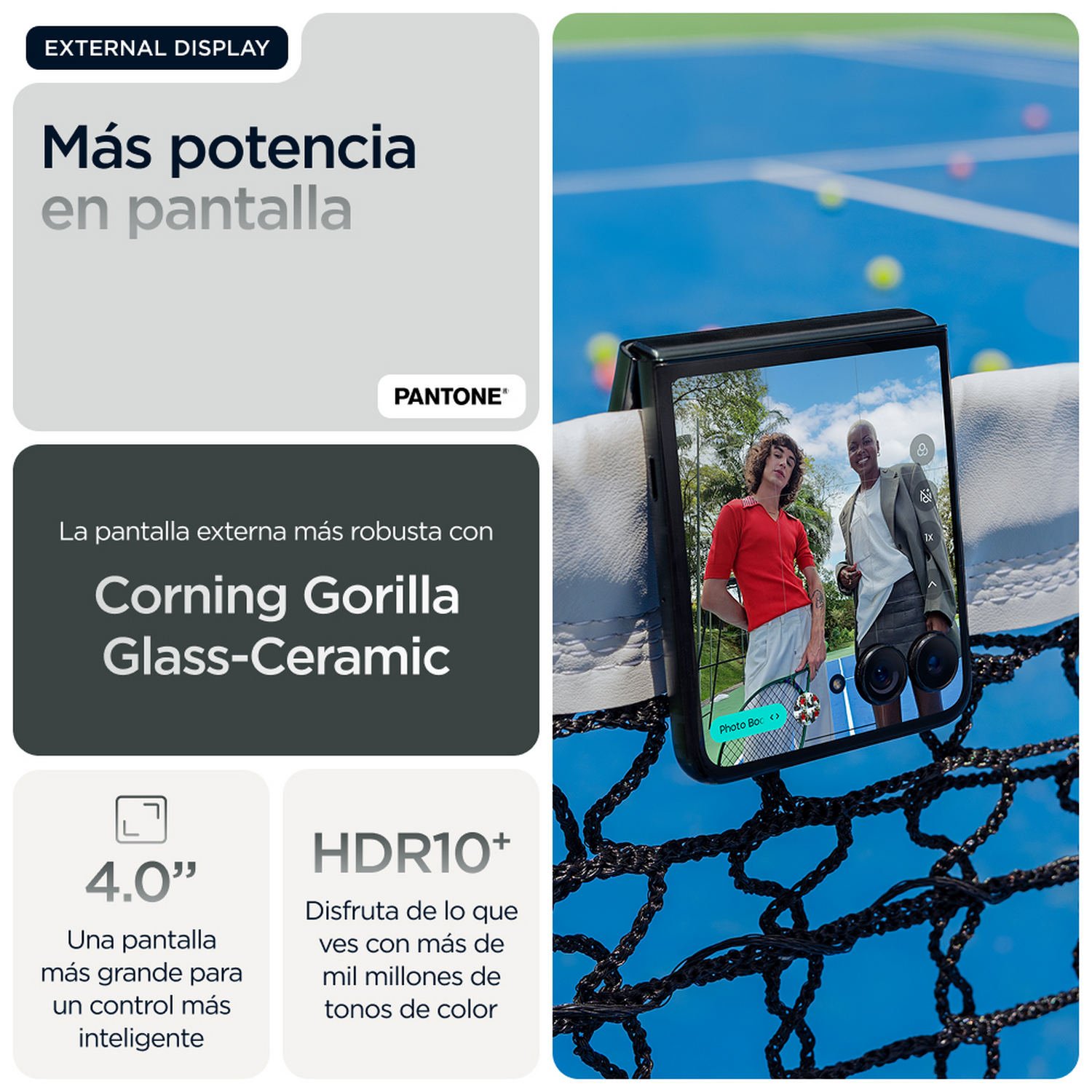 Pantalla externa mostrando foto de dos personas, texto alrededor y una red de tenis.