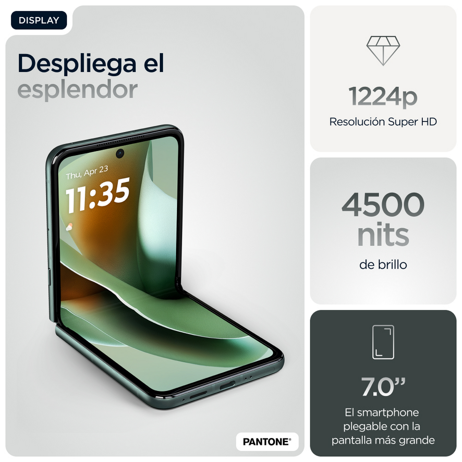 Una pantalla de teléfono inteligente plegable con texto y gráficos, que muestra las especificaciones de la pantalla.