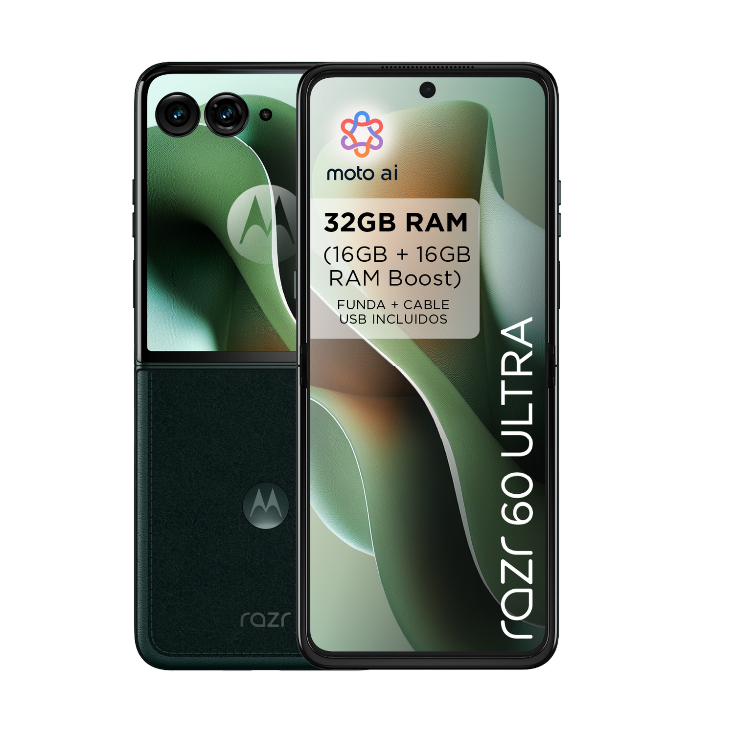 Dos smartphones, uno abierto, mostrando la pantalla con texto, y otro cerrado, mostrando la parte trasera.