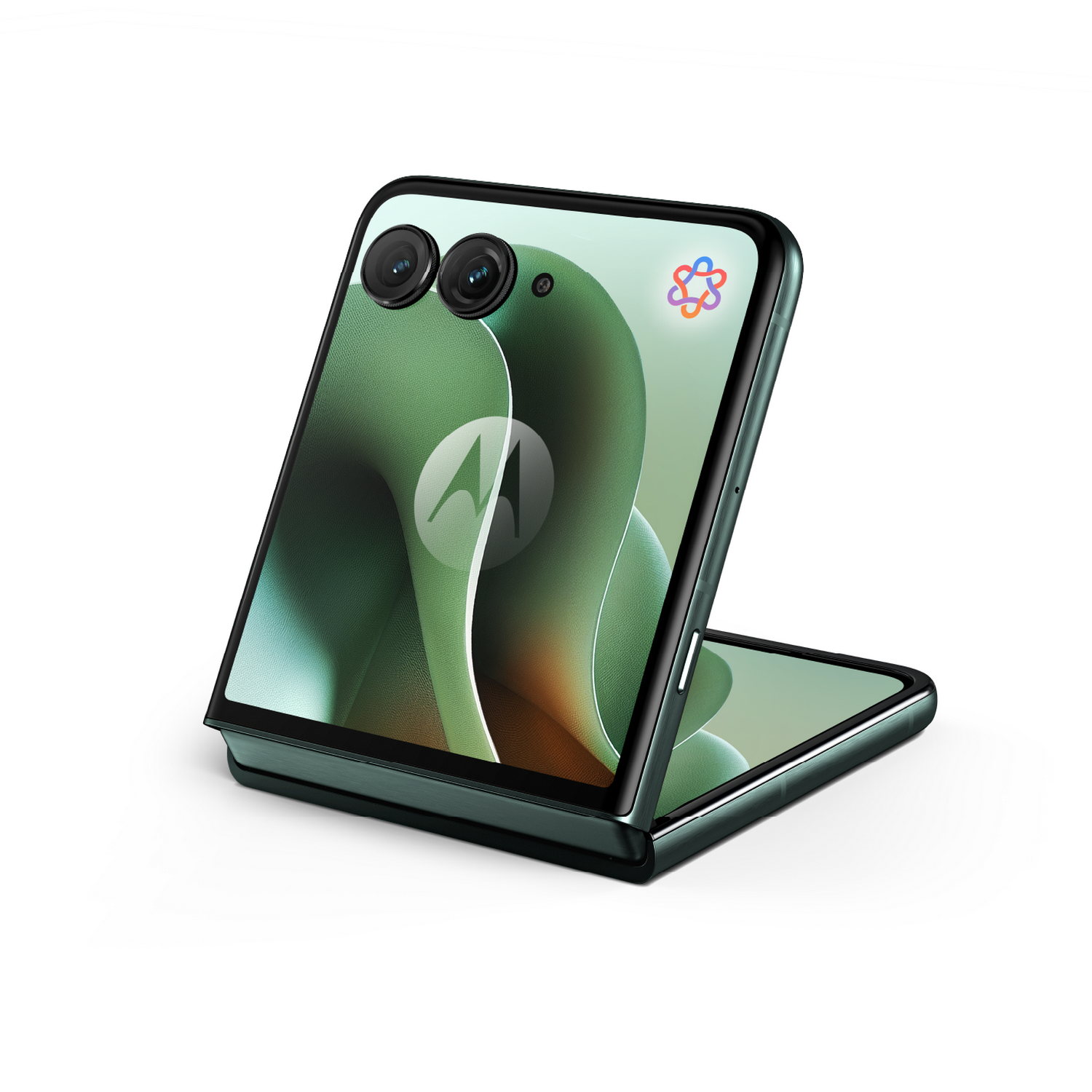 Smartphone verde plegable, abierto. Cámaras duales visibles. Logotipo de Motorola en pantalla.