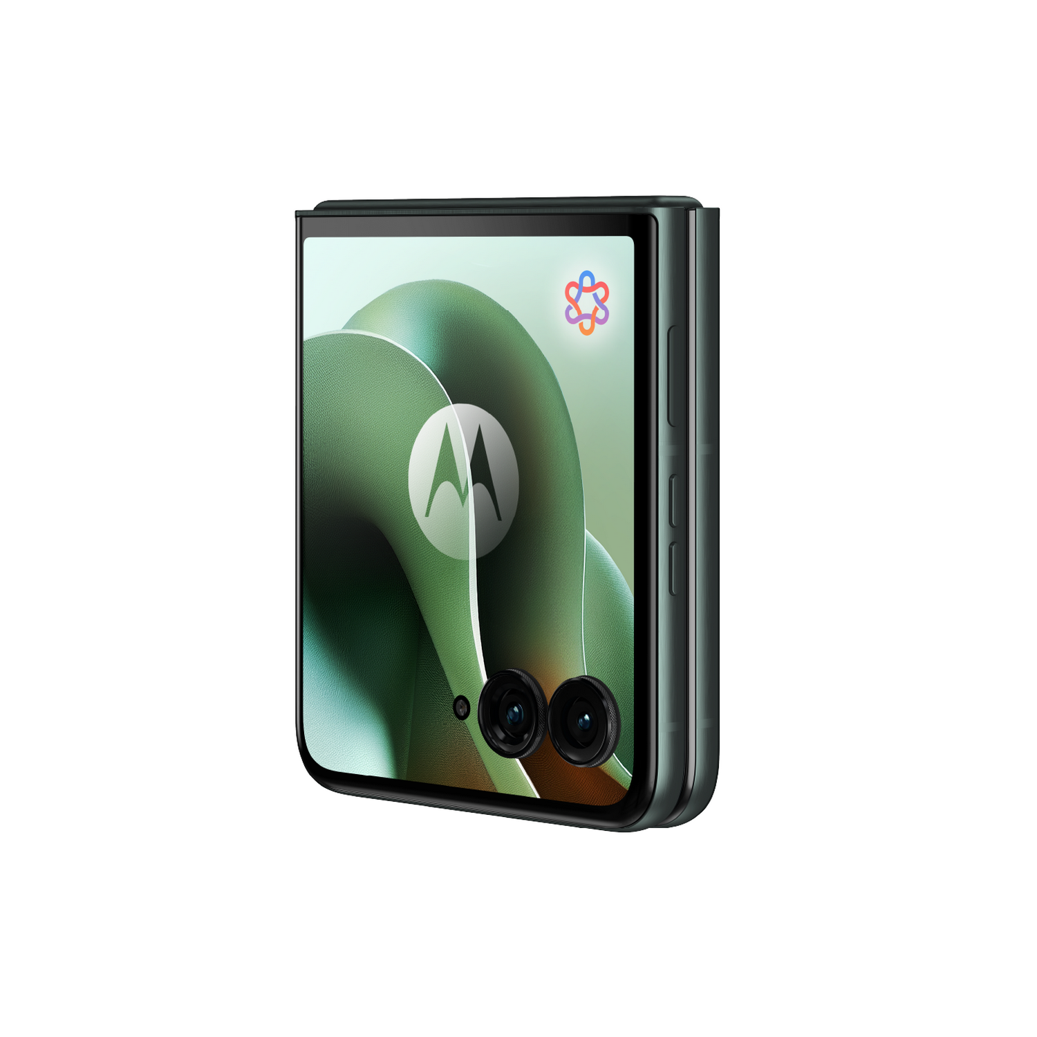 Teléfono plegable verde oscuro, parcialmente abierto, con hora en pantalla. Fondo gris.