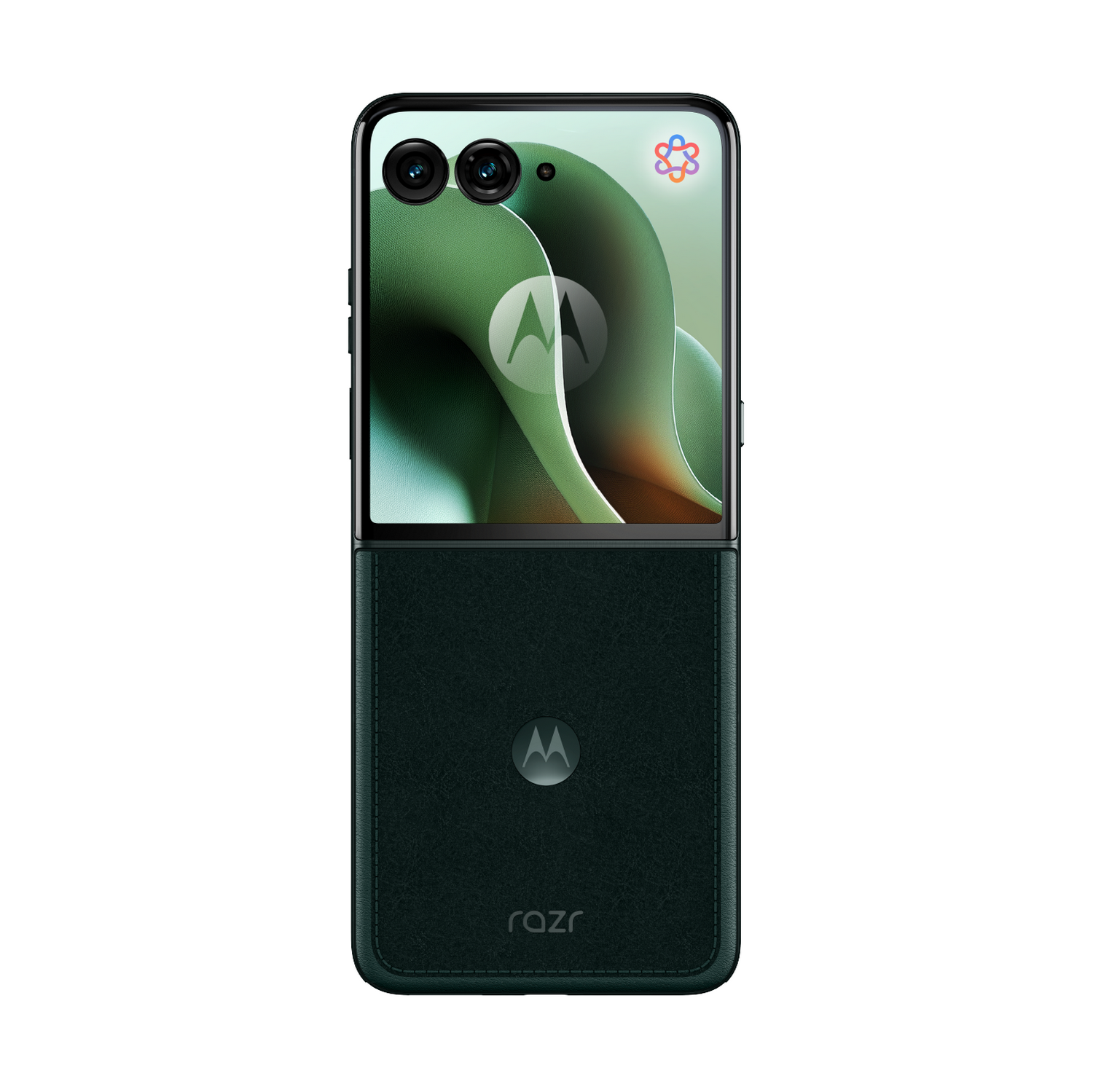 Un teléfono Motorola Razr cerrado, negro y verde.