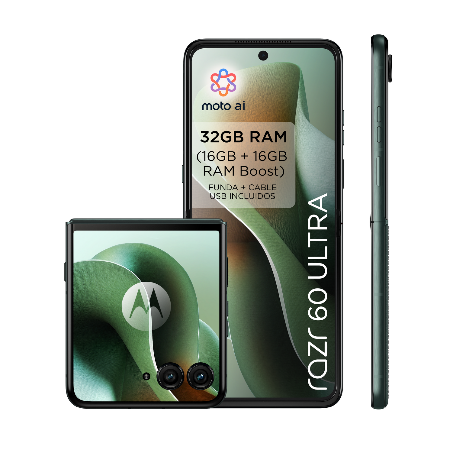 Un teléfono Motorola Razr 60 Ultra negro, abierto para mostrar su pantalla y cerrado junto a él.