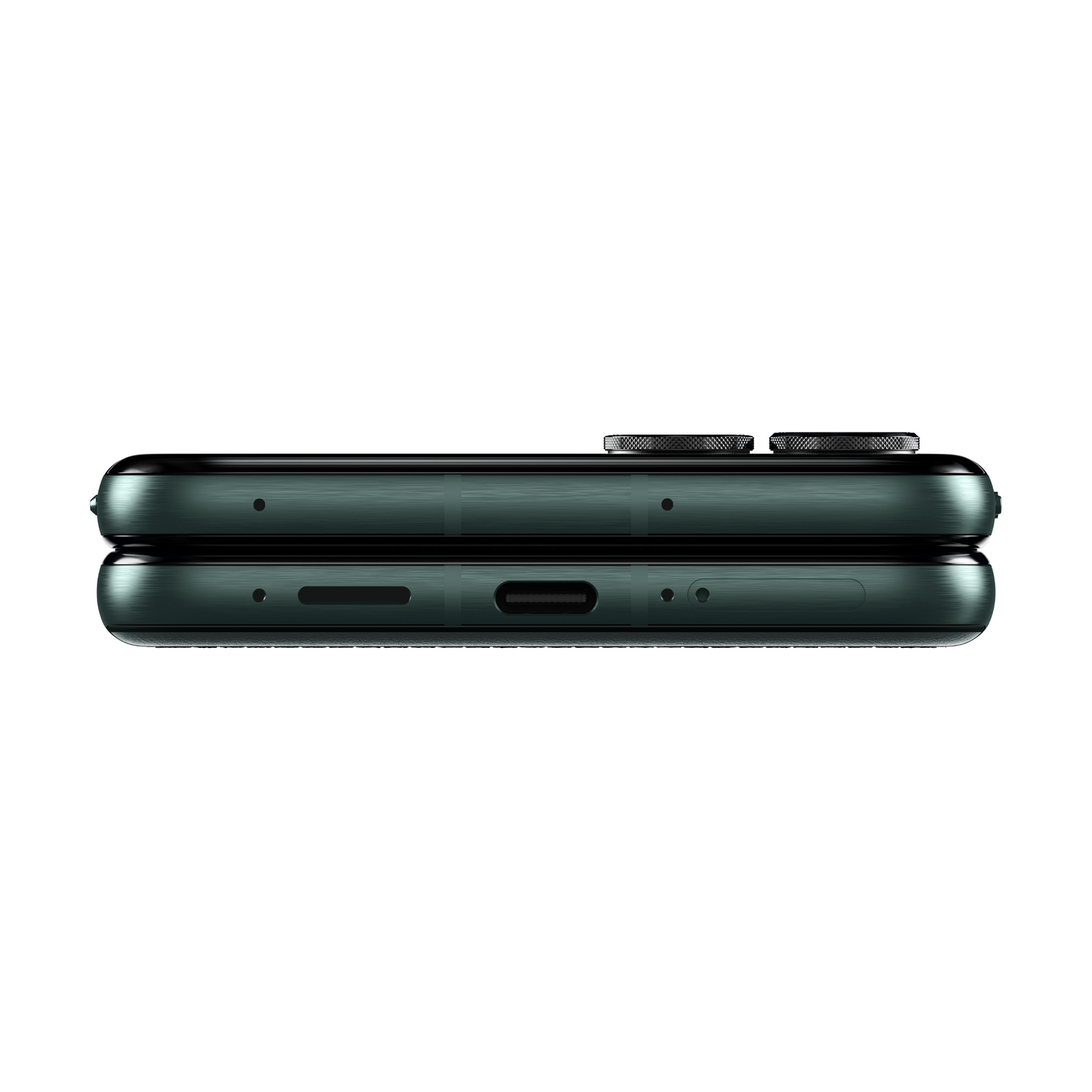 Un teléfono plegado, verde oscuro, se ve desde su borde inferior, mostrando puertos y botones.