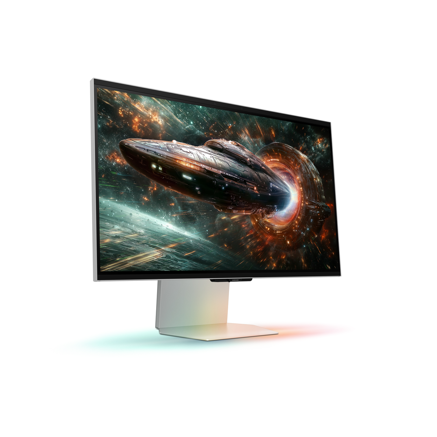 Monitor displaying a spaceship emerging from a portal, with a white base and a colorful glow.