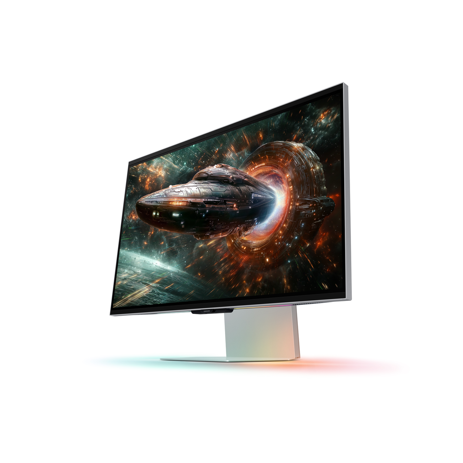 Monitor displaying a spaceship emerging from a vortex, white frame, isolated.