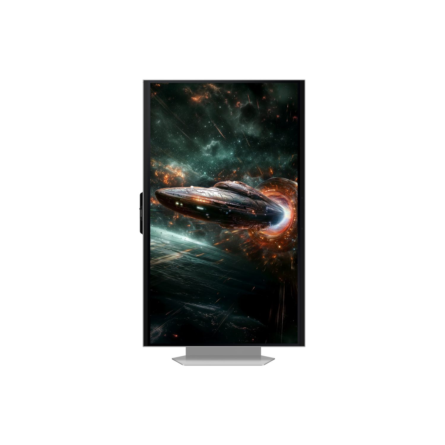 Monitor displaying a spaceship emerging from a portal in space.