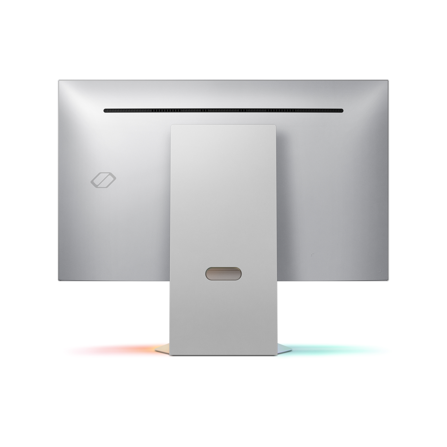 The back of a silver monitor with a stand, showing the logo and ports.
