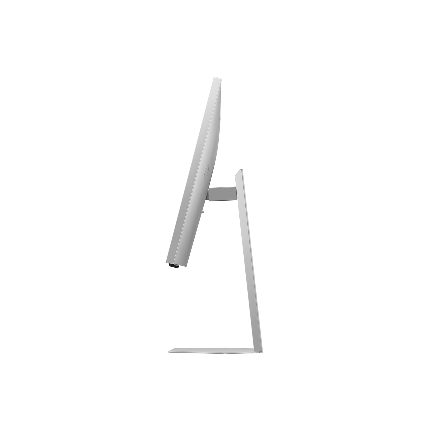 Side view of a silver computer monitor with a thin, minimalist design on a white background.