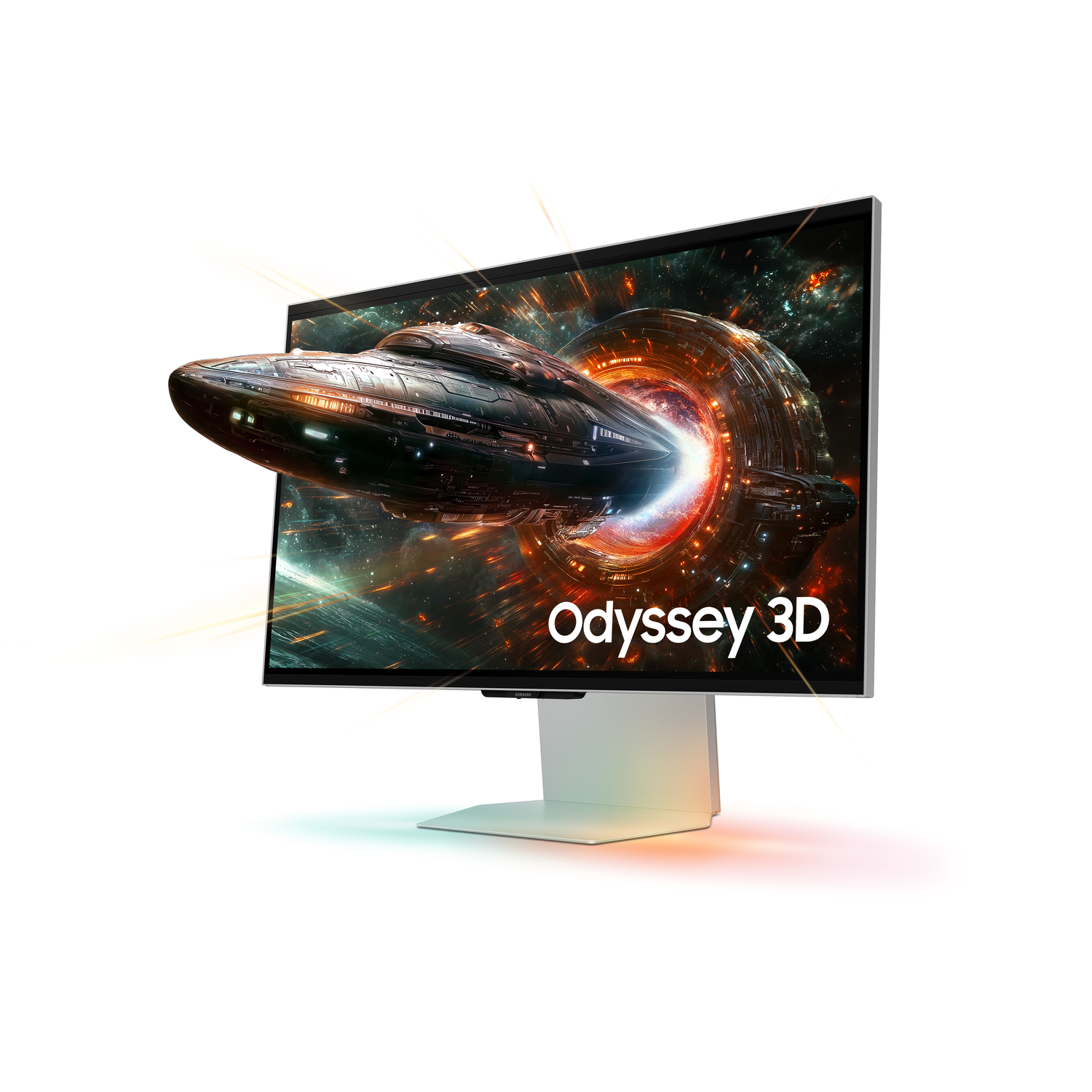 3D TV with a spaceship emerging from the screen. The word 'Odyssey 3D' is displayed.