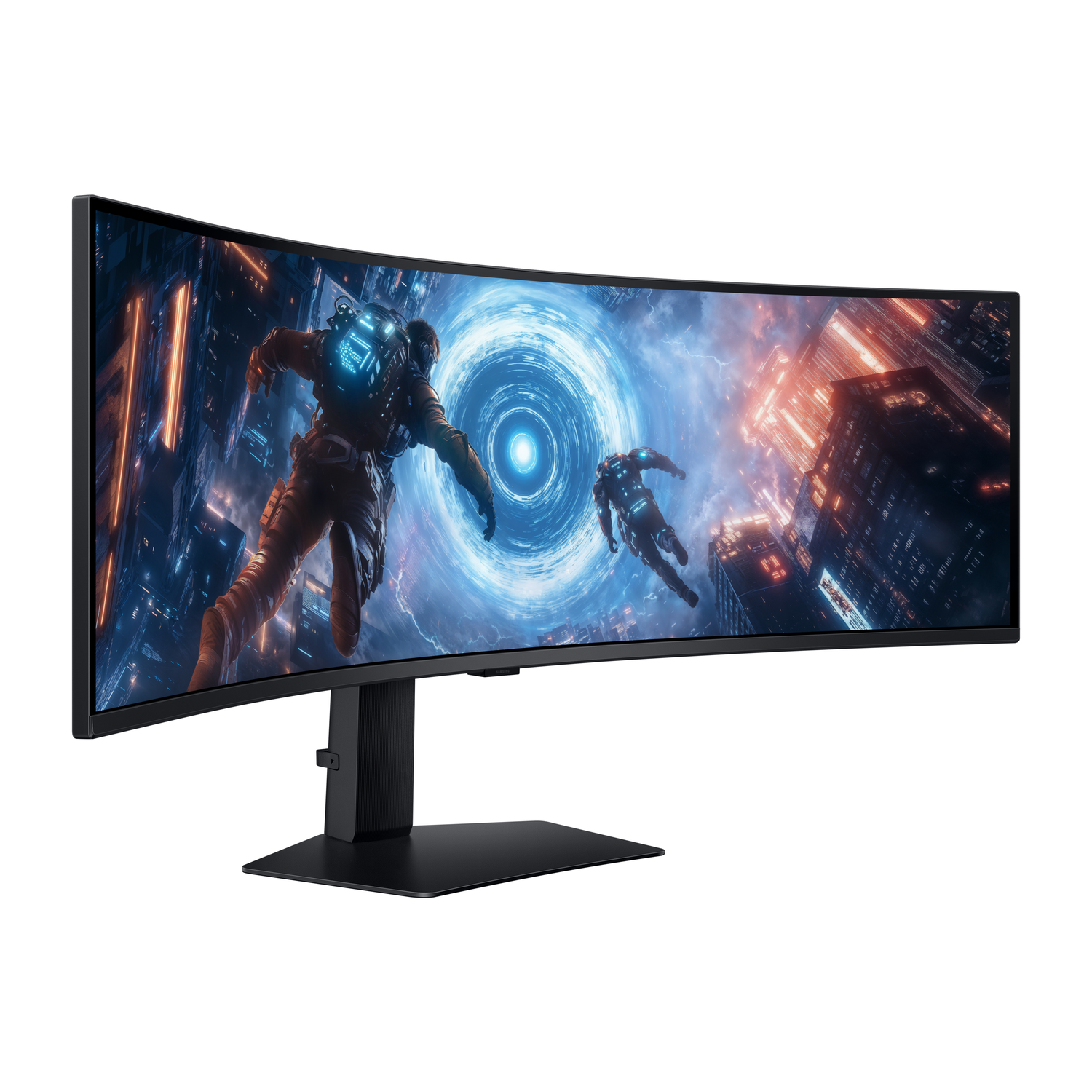 A curved monitor displaying a sci-fi scene with two figures in space.