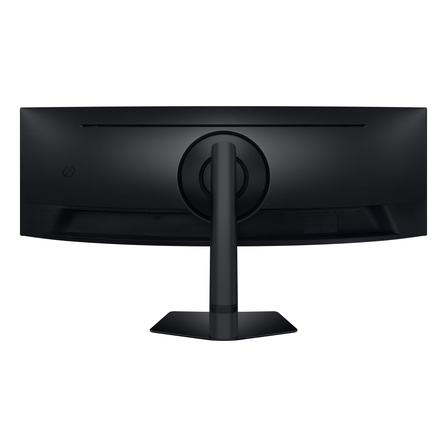 Rear view of a curved black computer monitor showing ports and a central stand.