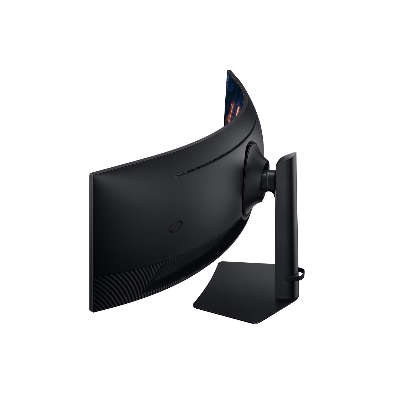 Black curved monitor with stand, showing the back.