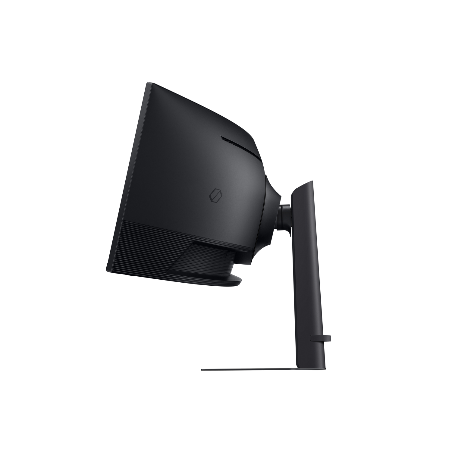 Side view of a black curved computer monitor, showing the stand and design details.