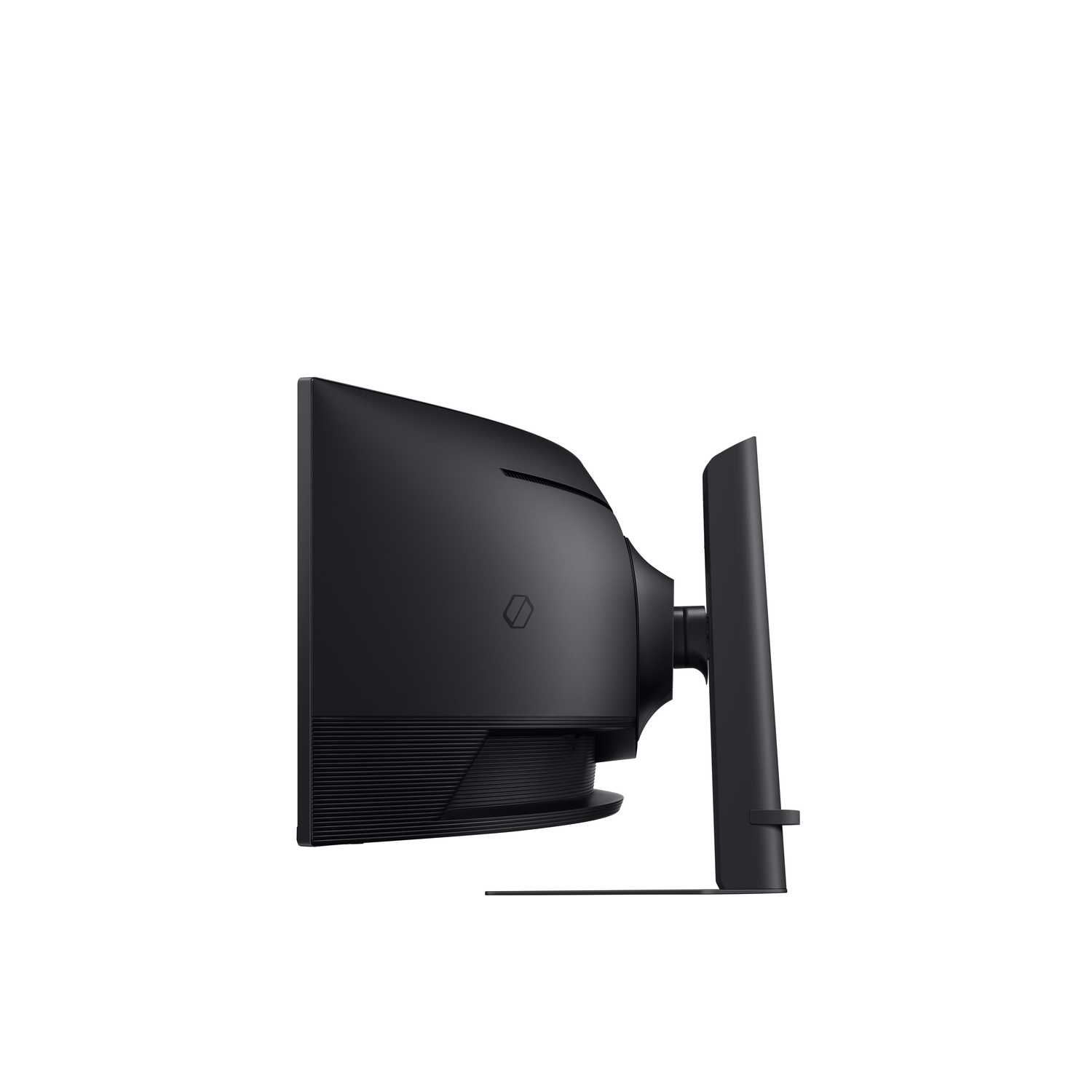Curved black computer monitor side view, black stand, white background.