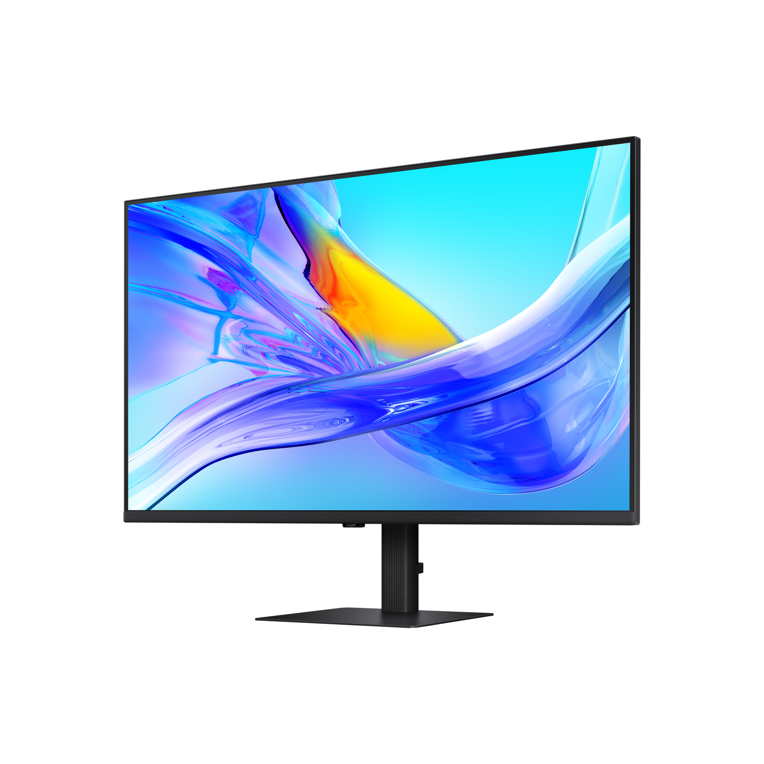 Een monitor met een dun zwart frame en een standaard. Witte achtergrond.