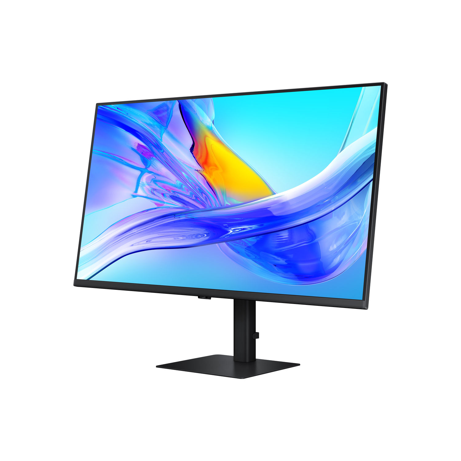 Een monitor met een blauwe en gele afbeelding op het scherm. De monitor staat op een zwarte standaard.