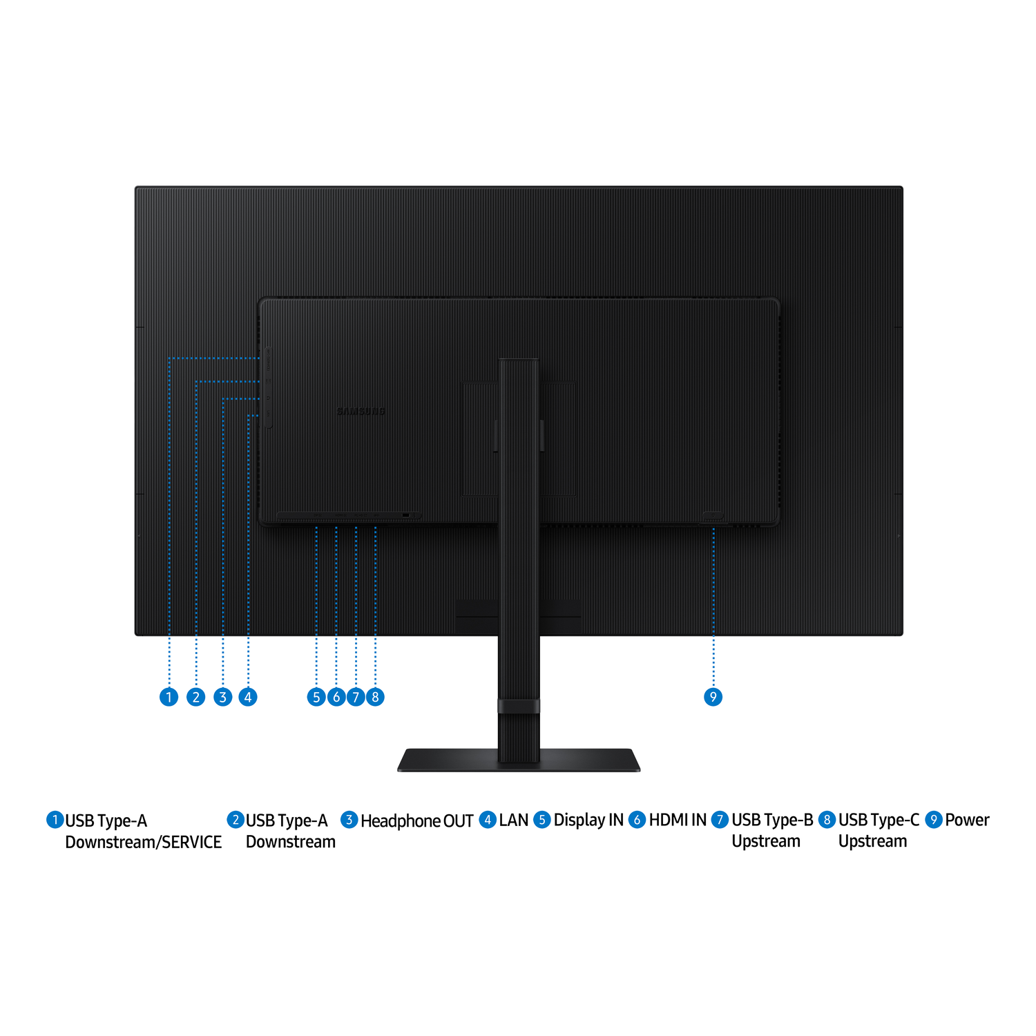 Achterkant van een monitor met ingangen: USB, LAN, HDMI en voeding. Een zwarte standaard ondersteunt het scherm.