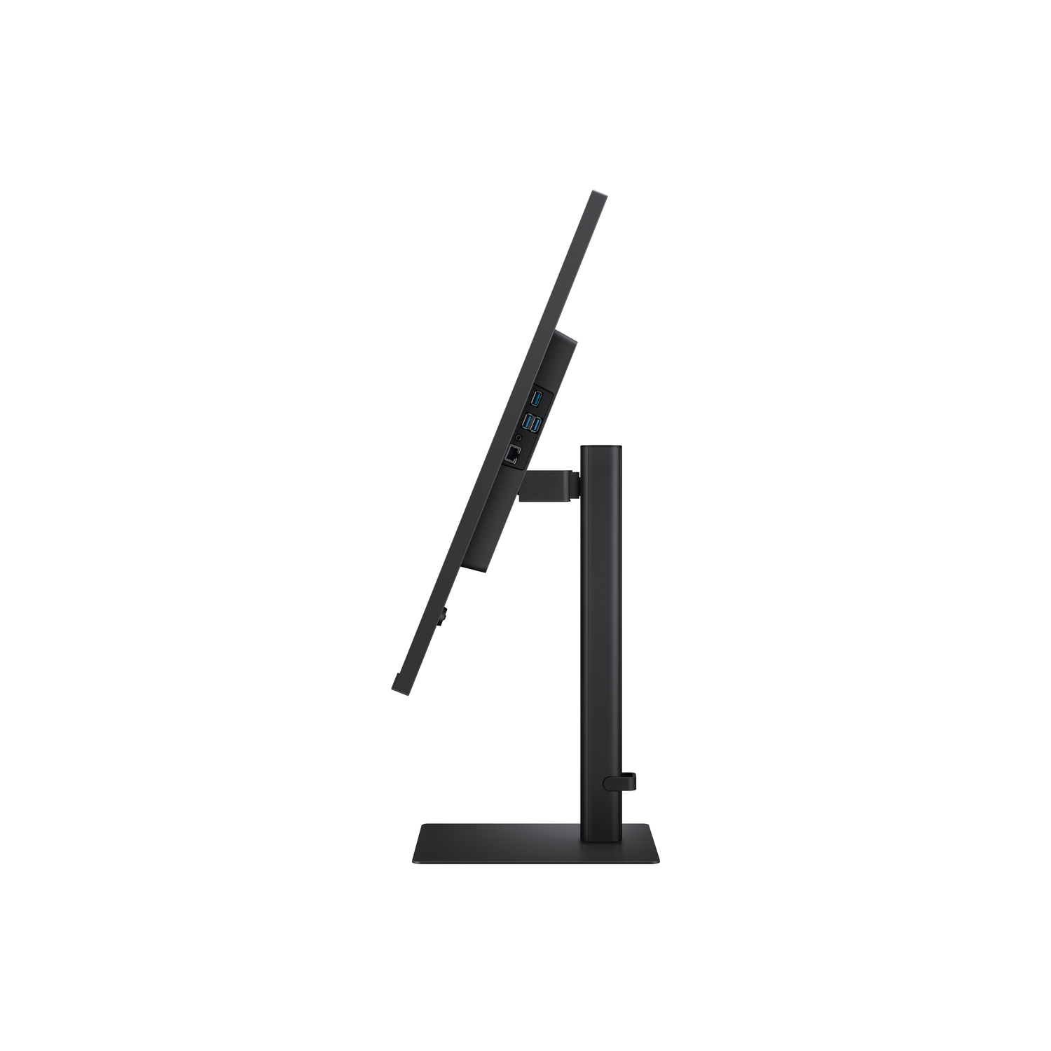 Zijaanzicht van een zwarte computermonitor op een standaard, met een scherm met een kleurrijk abstract ontwerp.