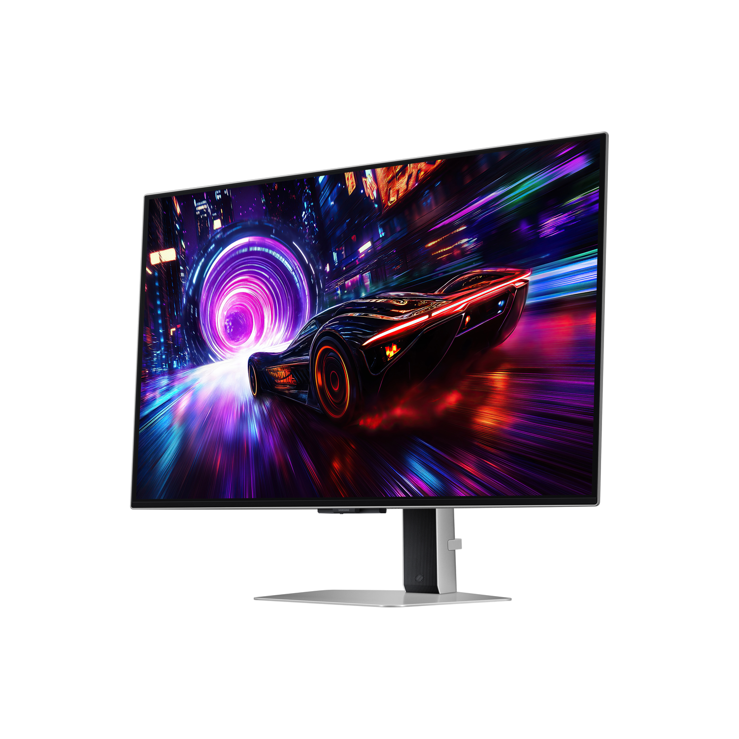 Een gebogen gamingmonitor geeft een auto in een stad 's nachts weer op wit.