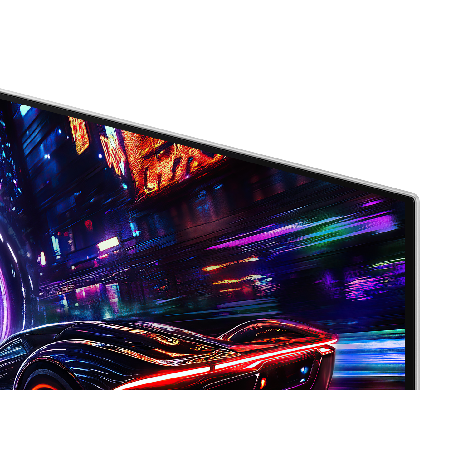 Close-up van een tv-scherm met een futuristische autoracescène in een nachtstad.