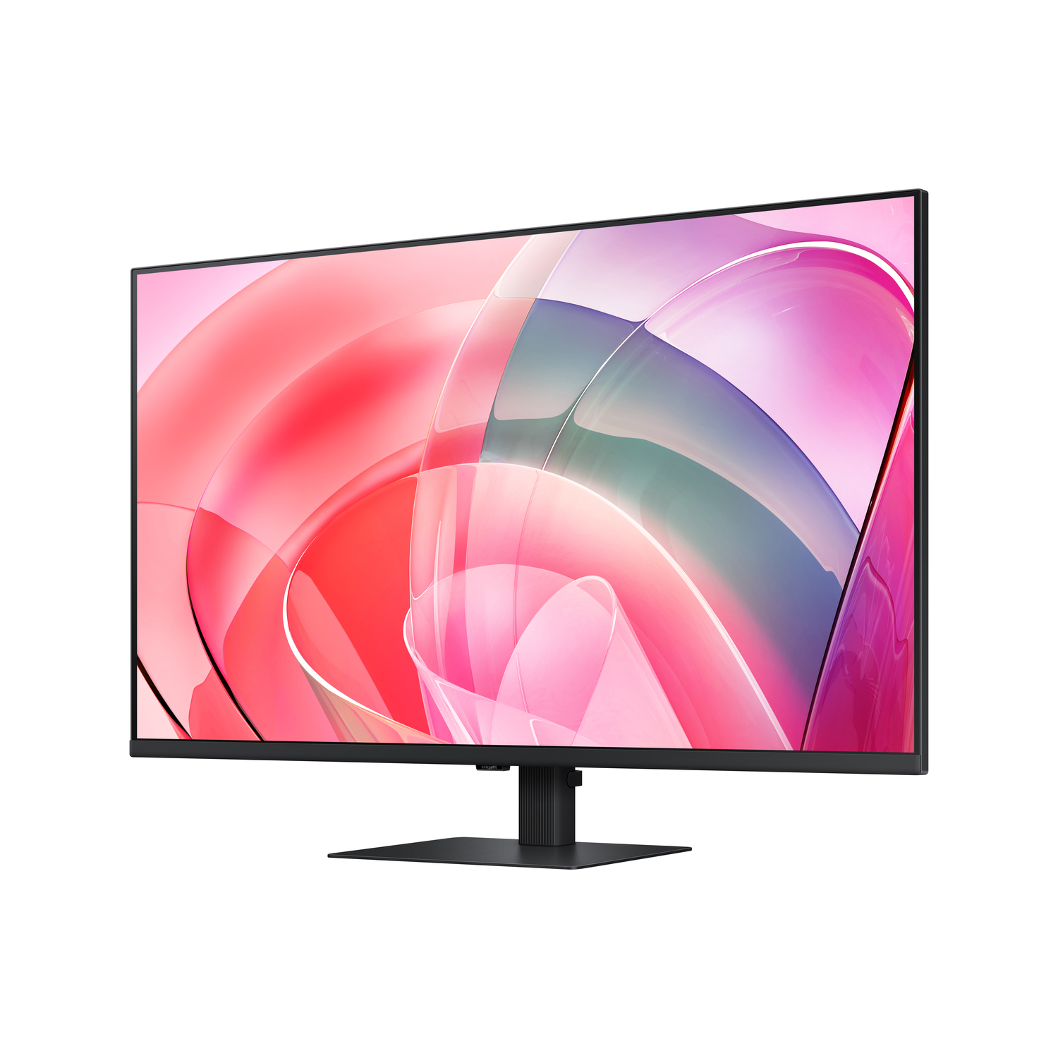 A sleek monitor with a black frame and a stand, isolated on white.