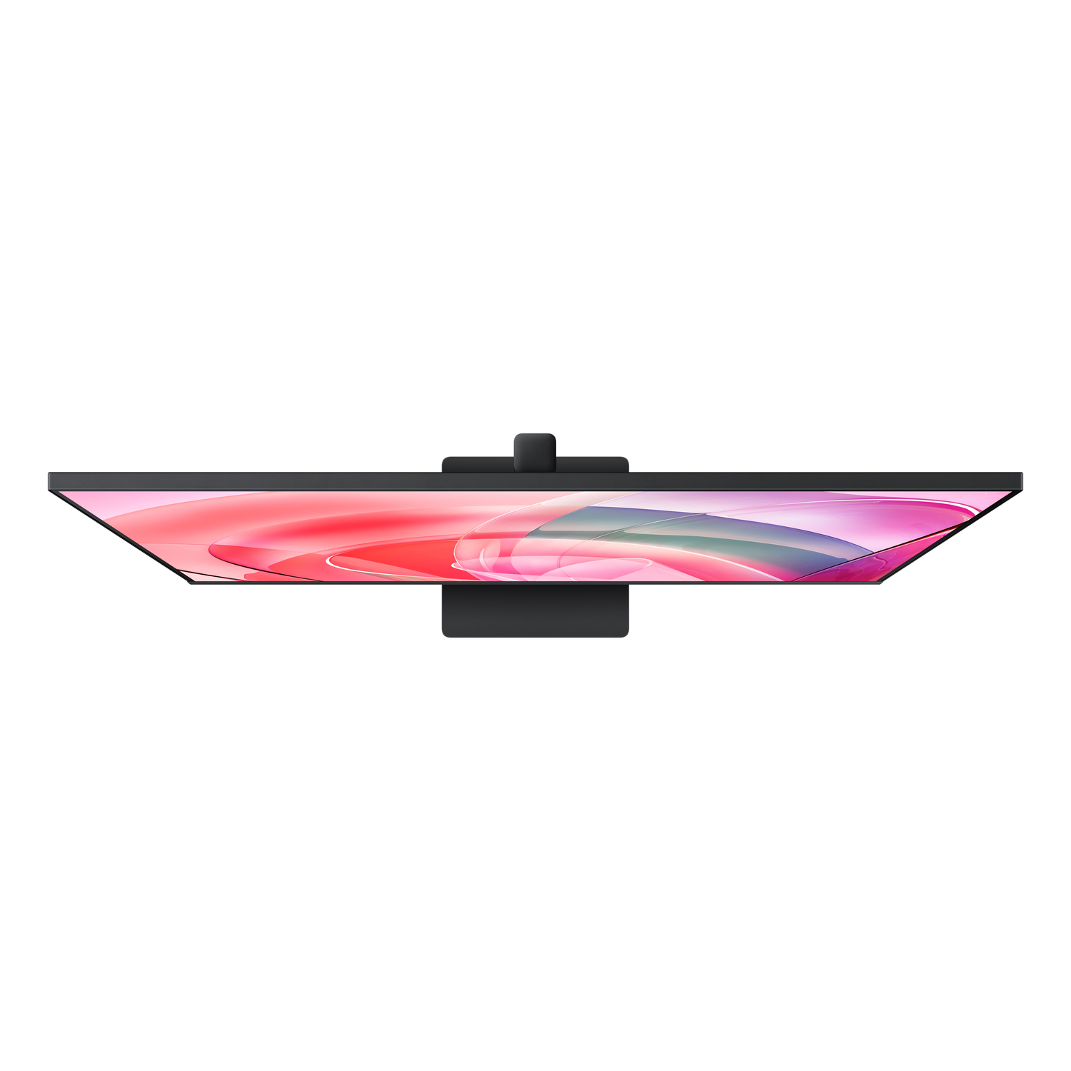 Top-down view of a black computer monitor with a thin bezel and a black stand.