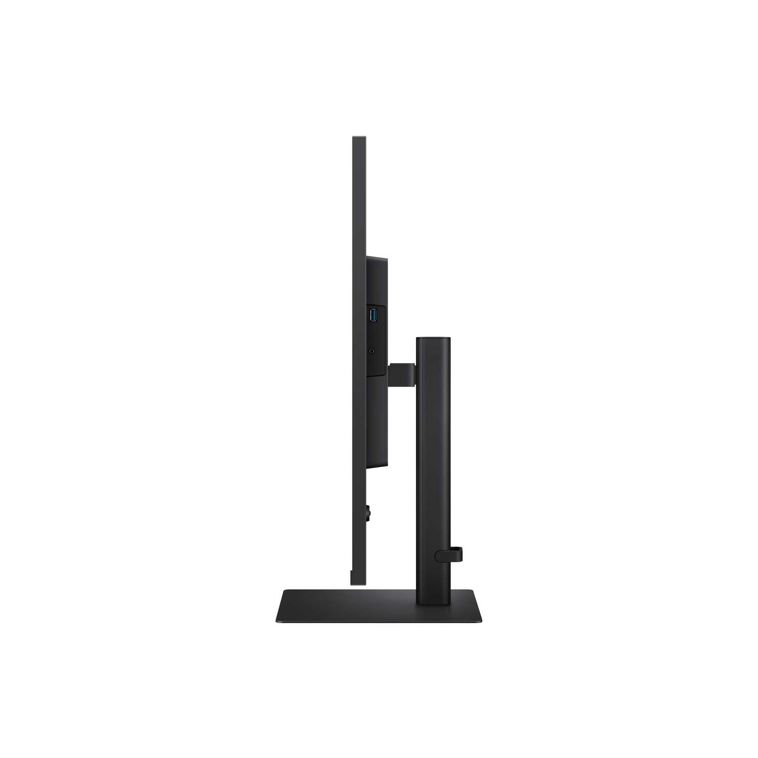 Side view of a black computer monitor with a stand and ports.