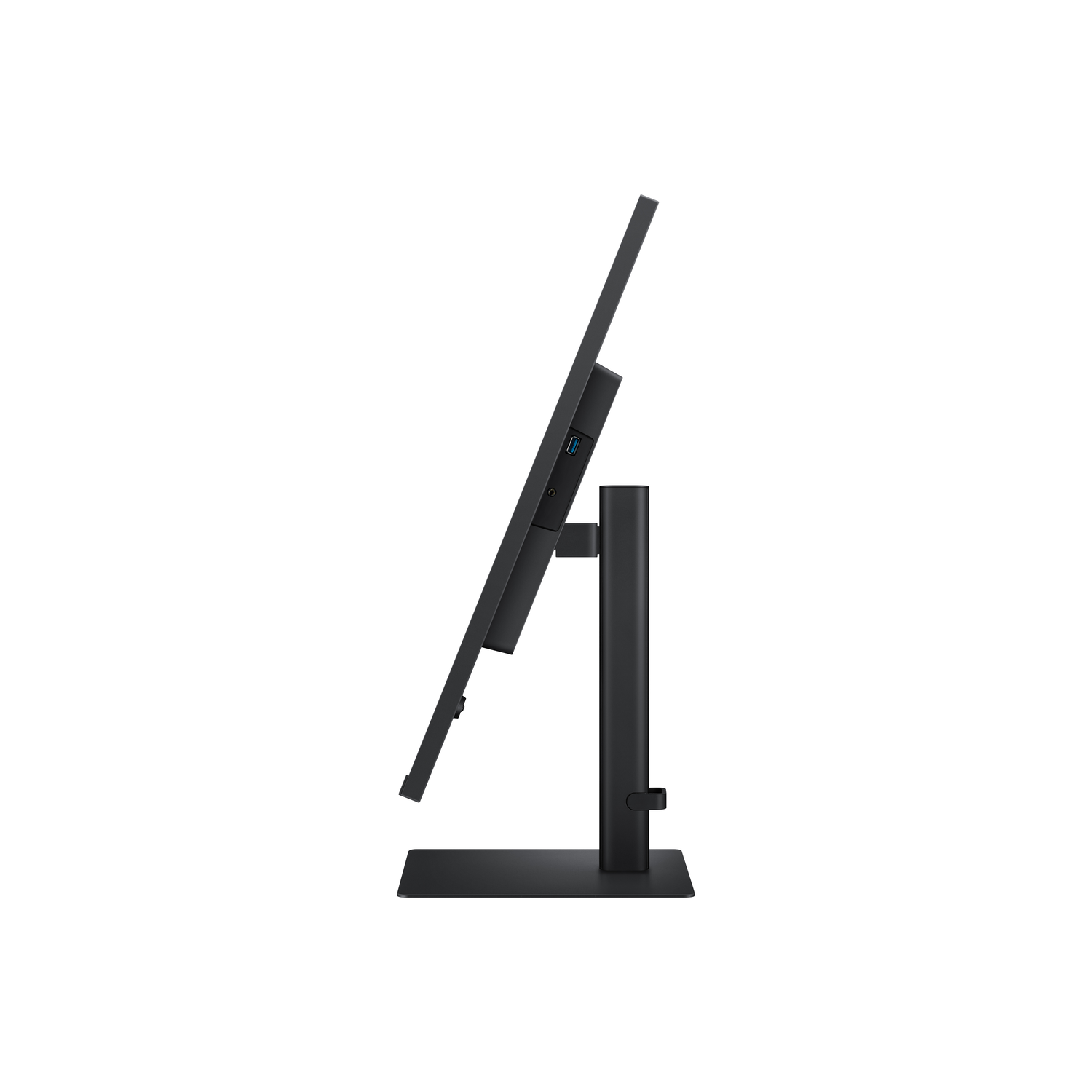 Side view of a computer monitor with a black stand and a thin profile.