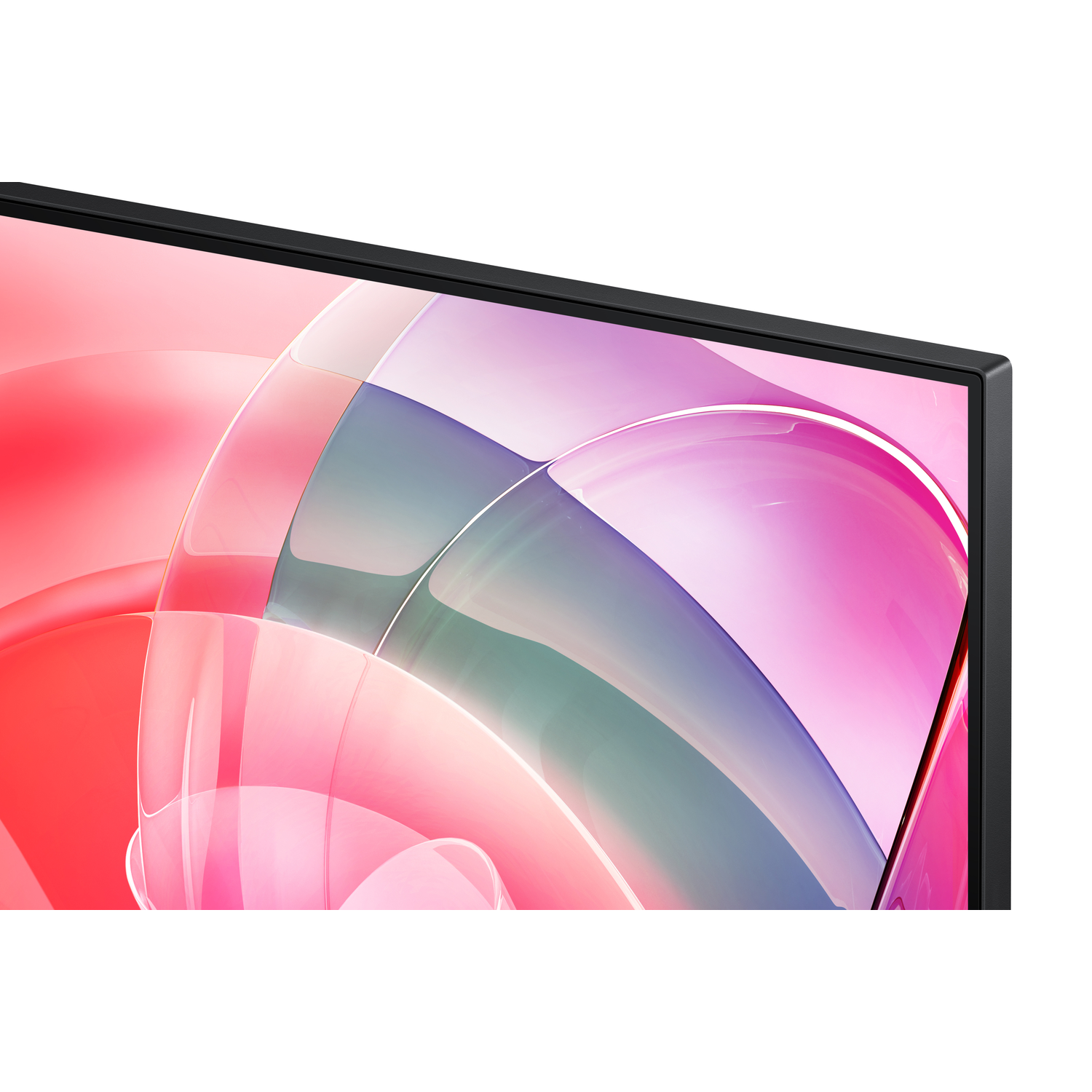 Close-up of a TV screen, black frame, abstract pink and purple design.