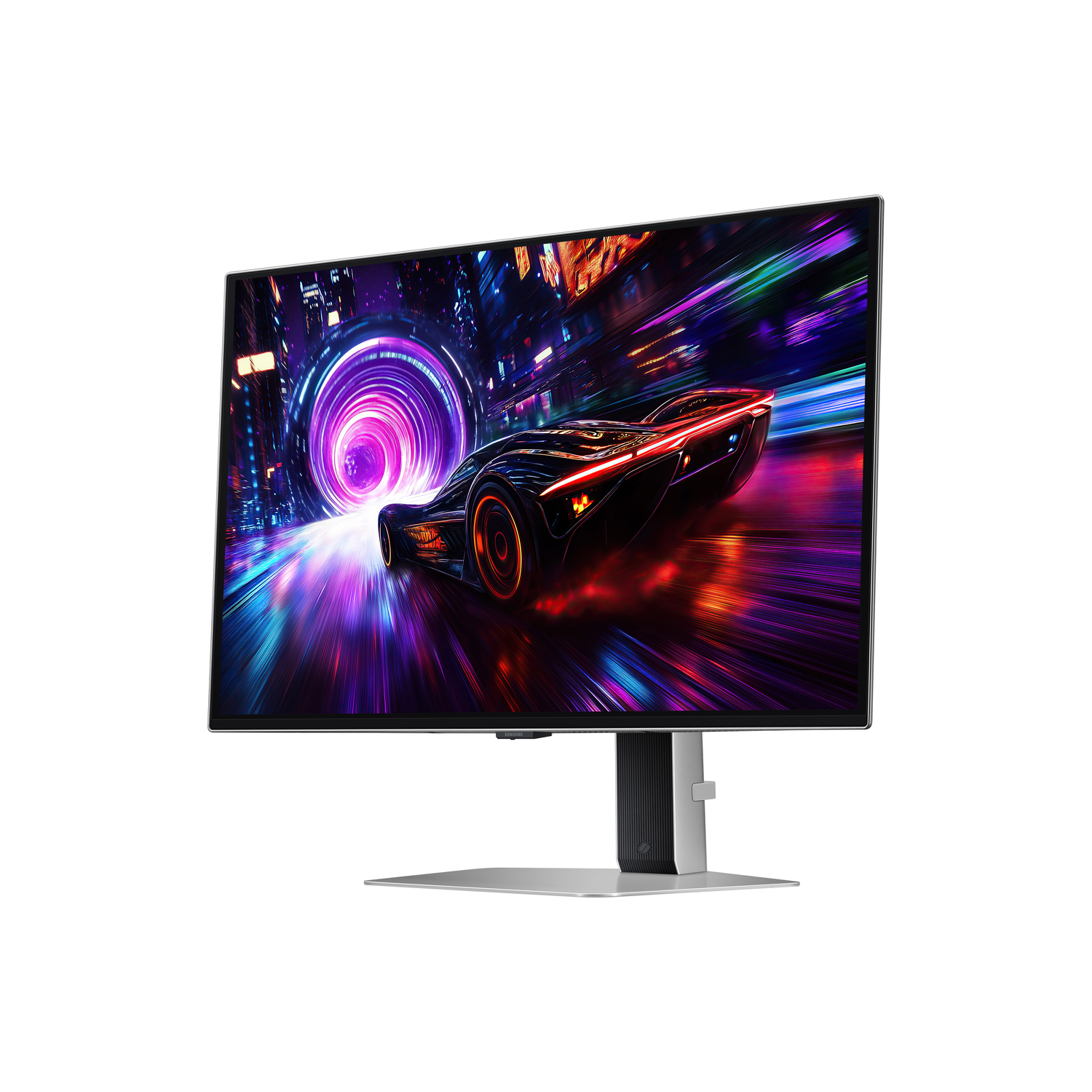 Gaming monitor met een futuristische auto die door een levendige stadstunnel racet.
