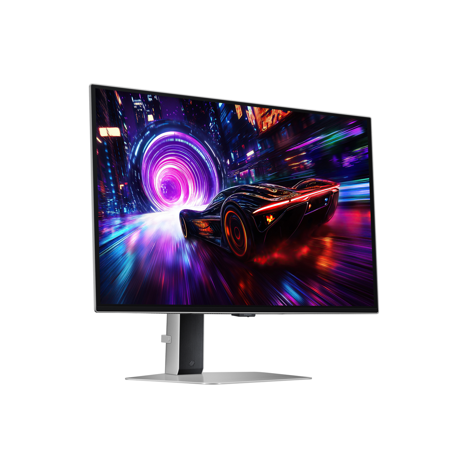Een gaming monitor, met een auto die 's nachts door een neonverlichte stad racet.