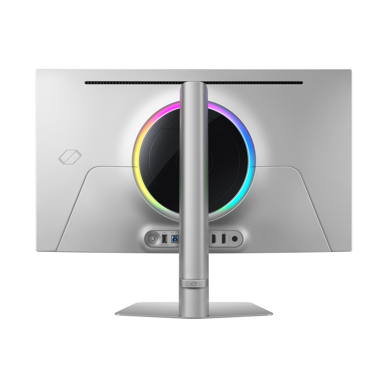 Achteraanzicht van een witte computermonitor met een standaard. Het heeft meerdere poorten en een gekleurde ring.